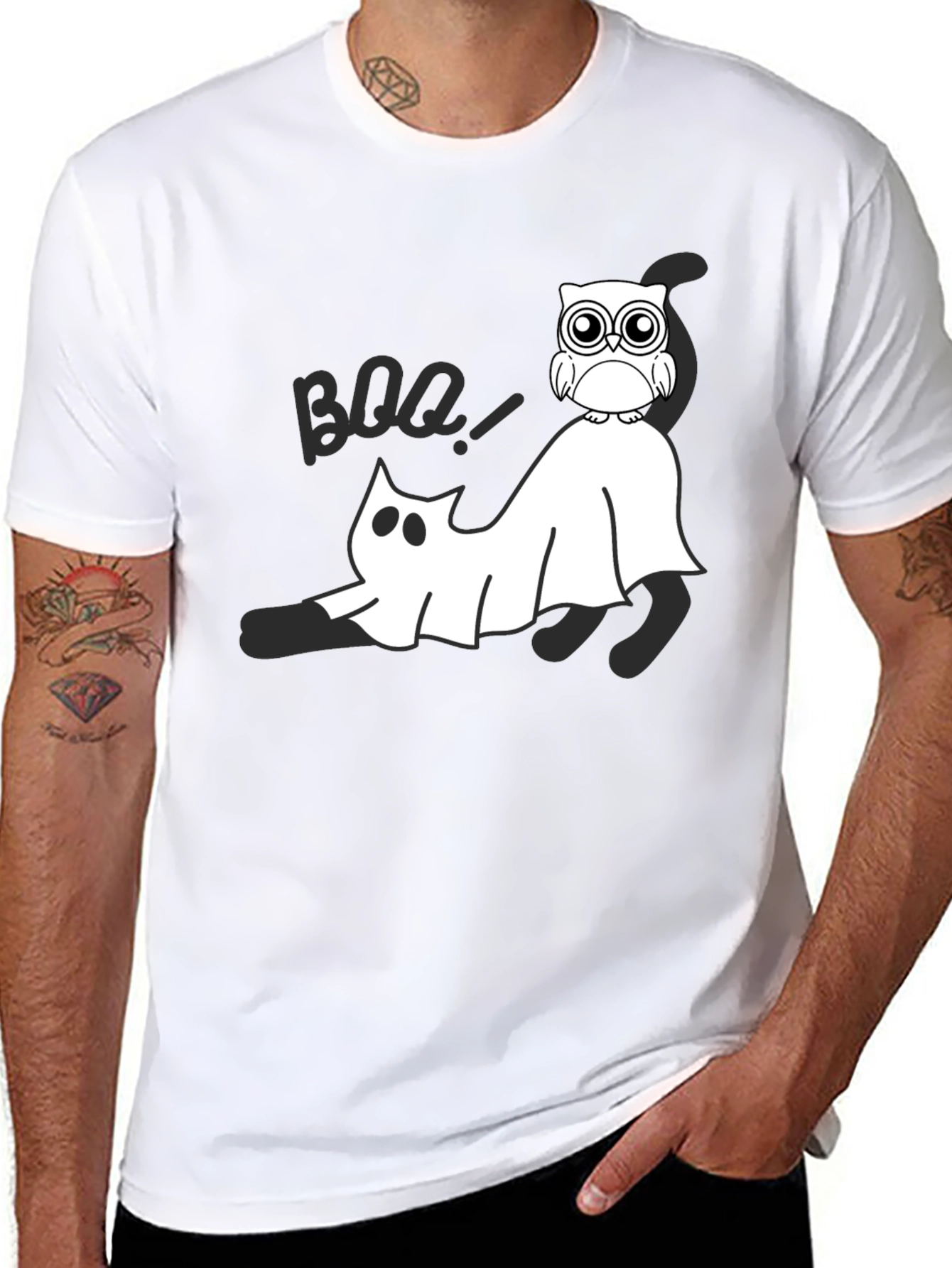 Halloween Owl & Ghost Cat Graphic Tee