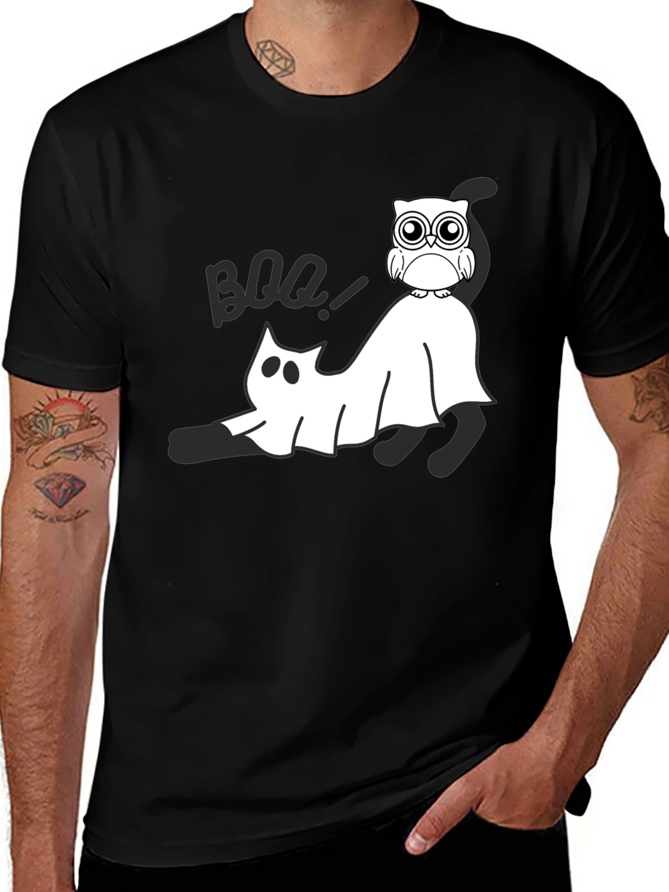 Halloween Owl & Ghost Cat Graphic Tee