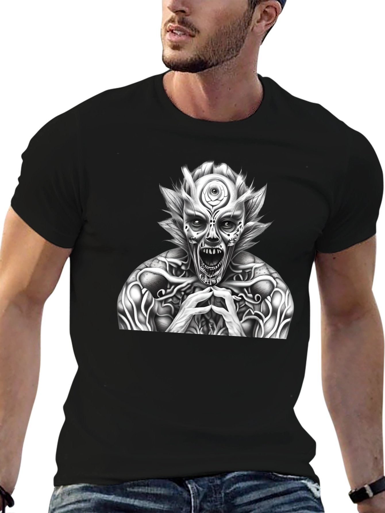 Mens Black T-Shirt with Horror Graphic