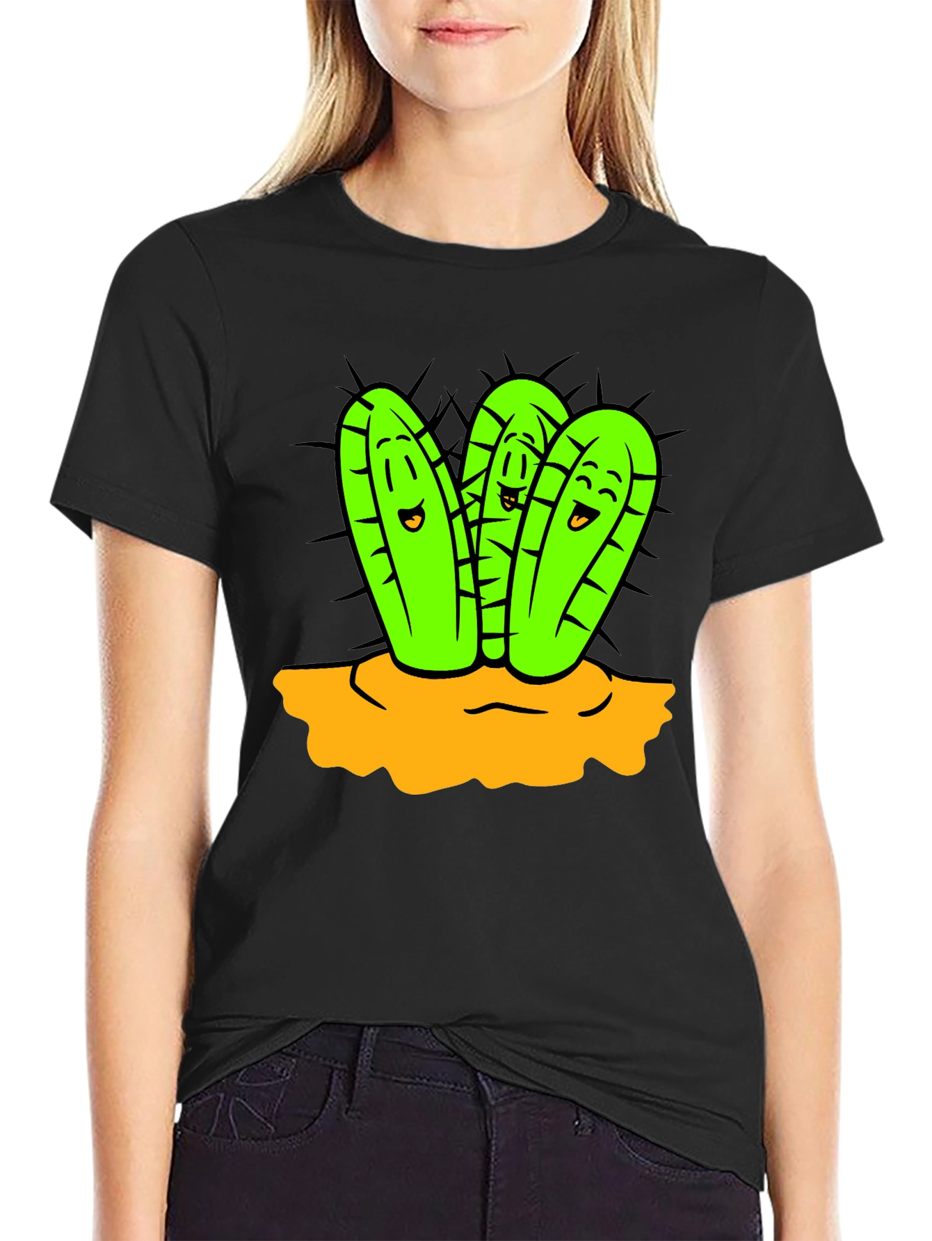 Cactus Cartoon Graphic Black T-Shirt