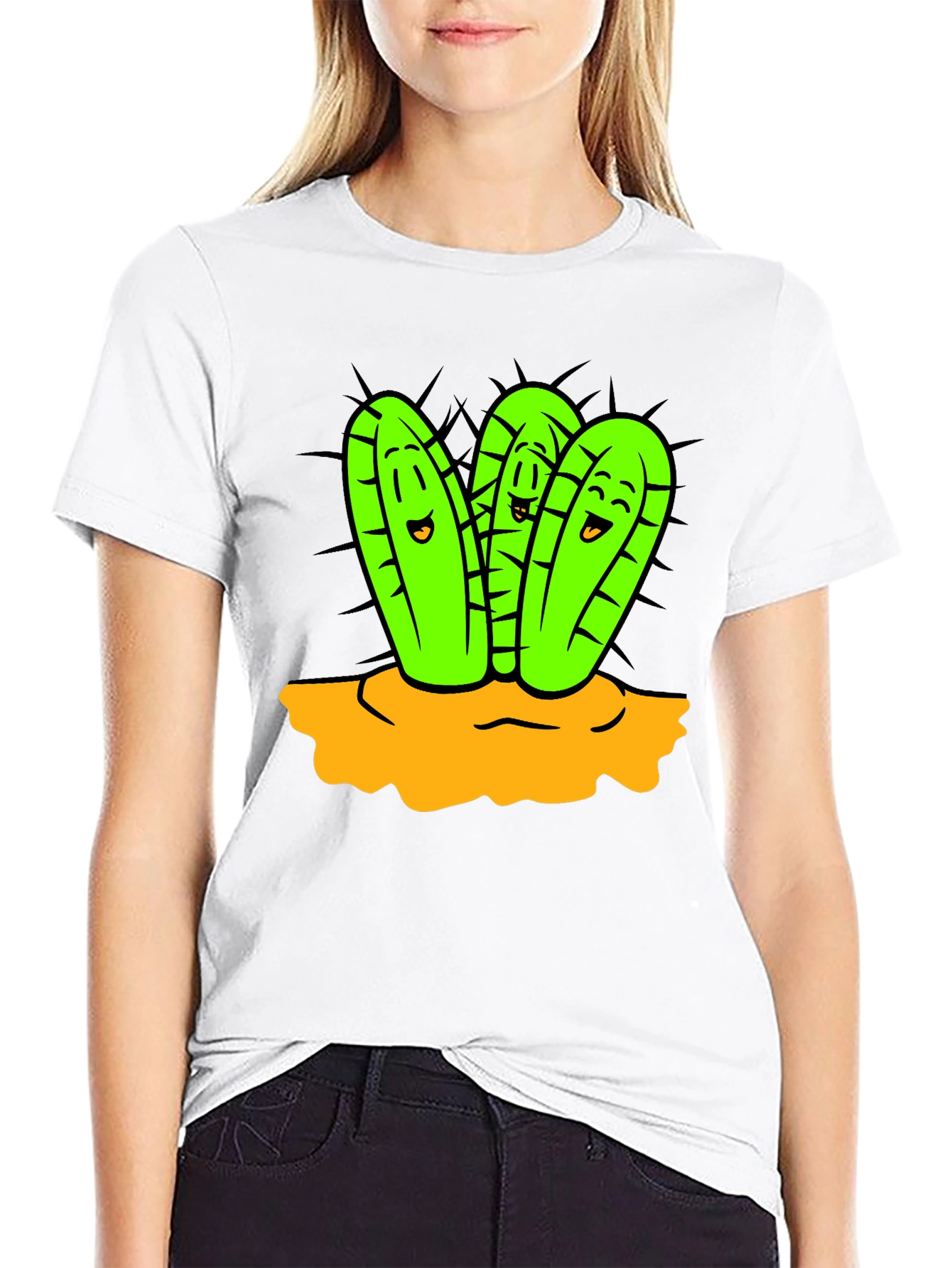 Cactus Cartoon Graphic Black T-Shirt