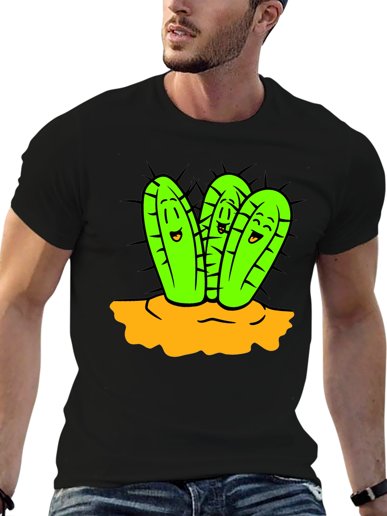 Cactus Cartoon Graphic Black T-Shirt