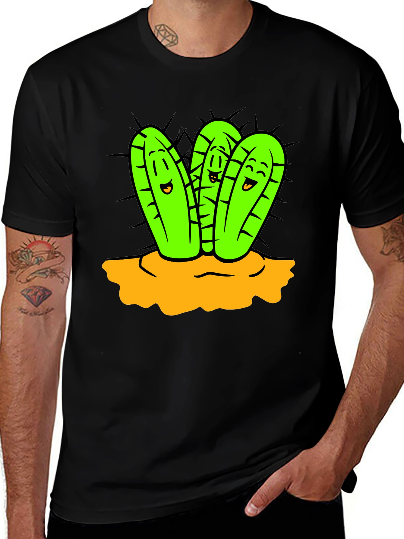 Cactus Cartoon Graphic Black T-Shirt