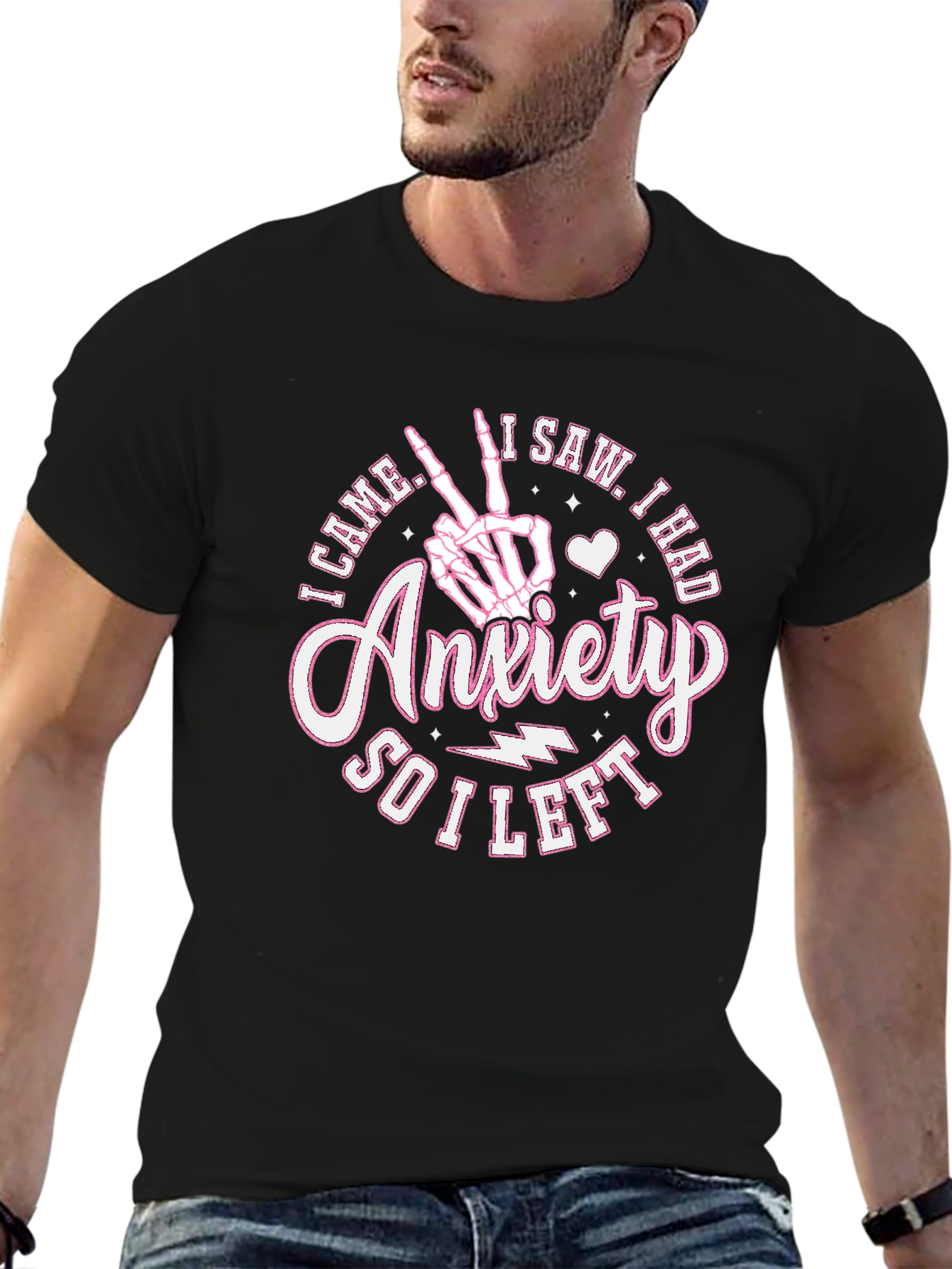 Anxiety Slogan Graphic Black Crew Neck T-Shirt