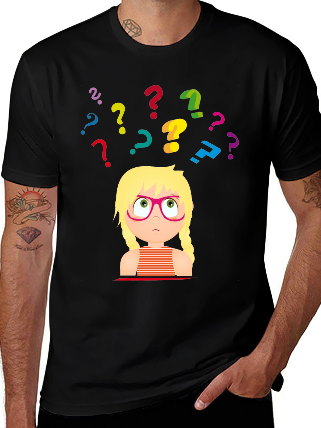 Puzzled Girl Graphic Tee - Black Cotton T-Shirt