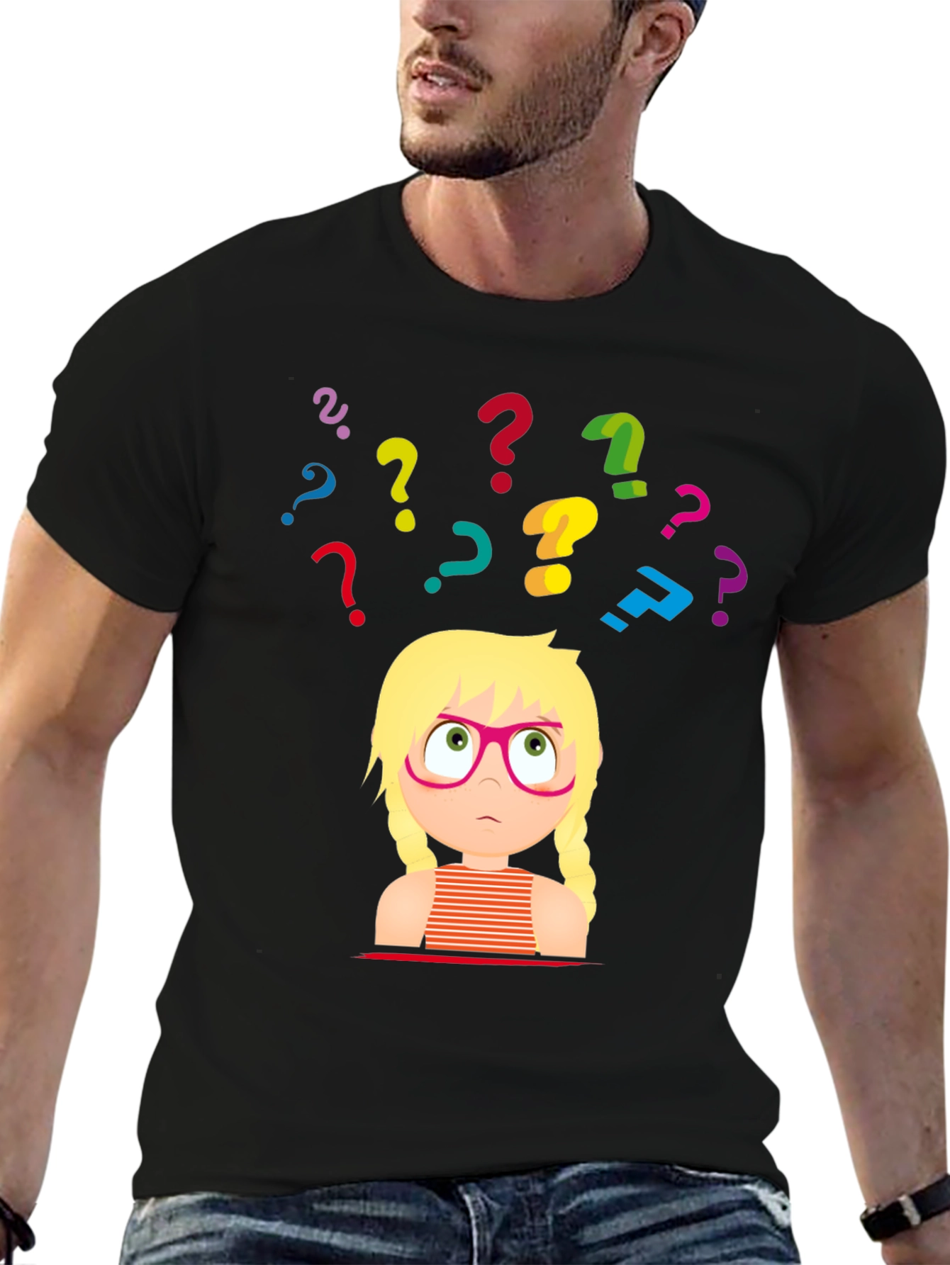 Puzzled Girl Graphic Tee - Black Cotton T-Shirt