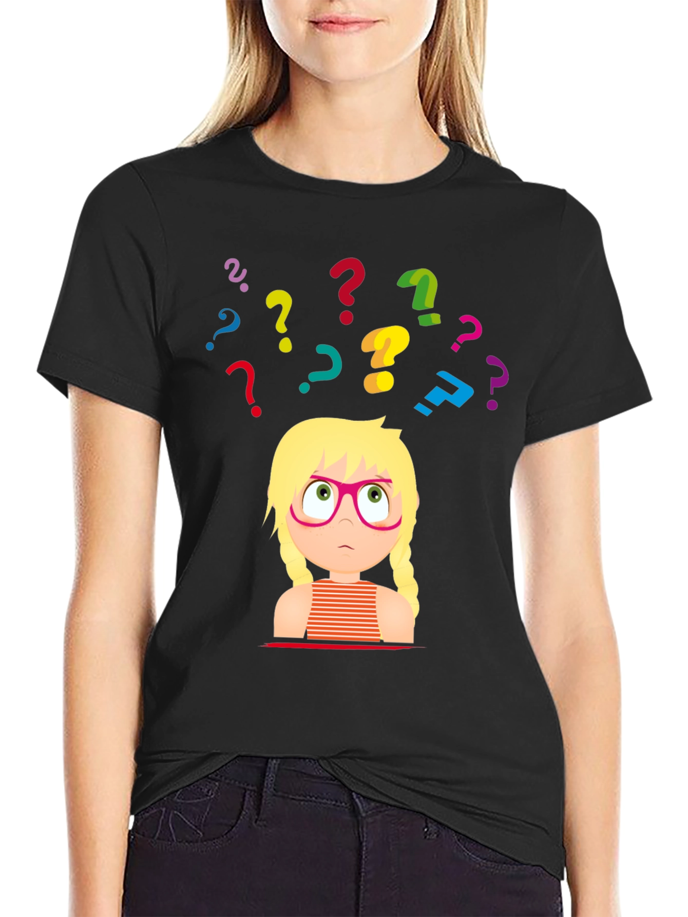 Puzzled Girl Graphic Tee - Black Cotton T-Shirt