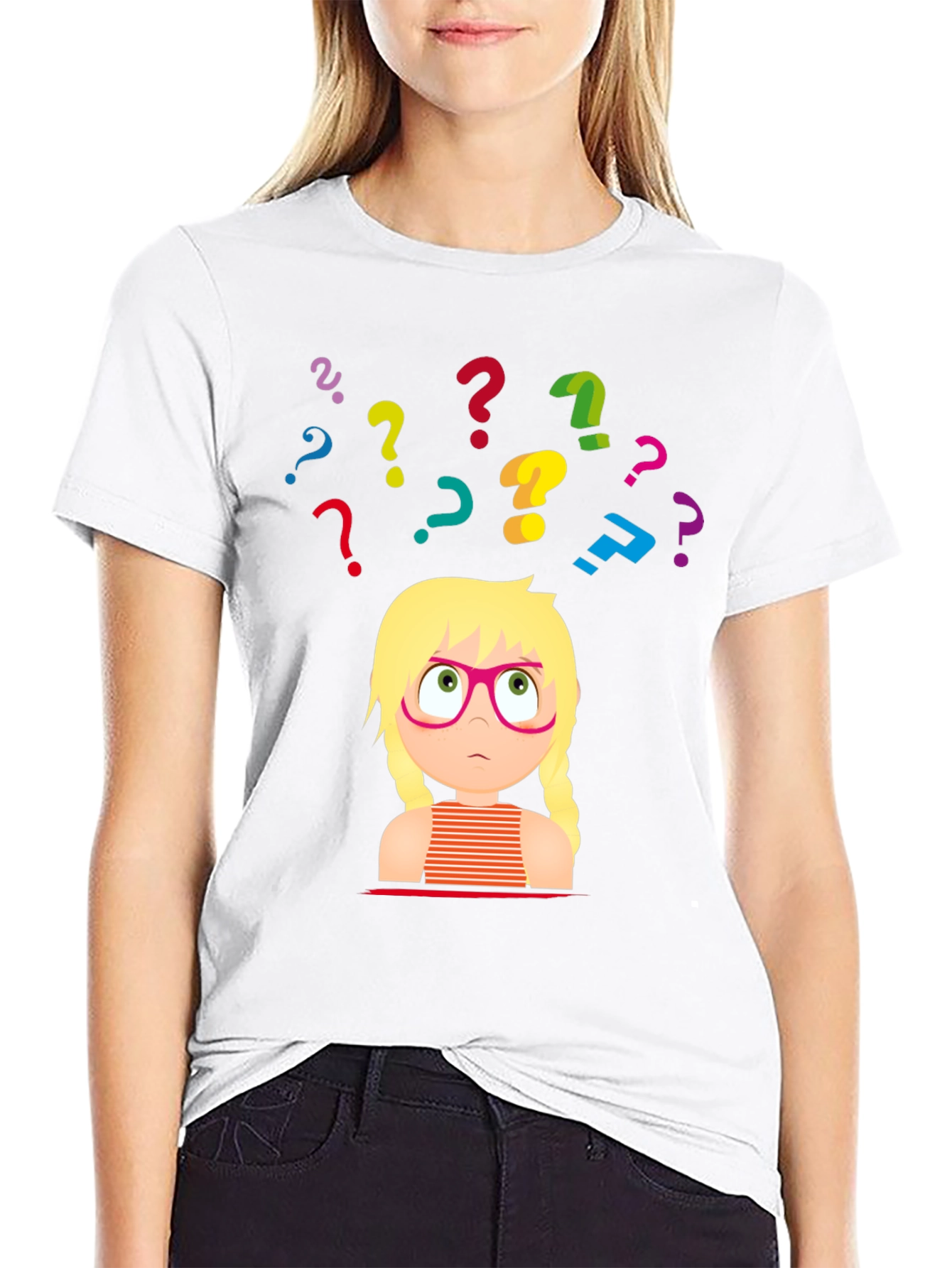 Puzzled Girl Graphic Tee - Black Cotton T-Shirt