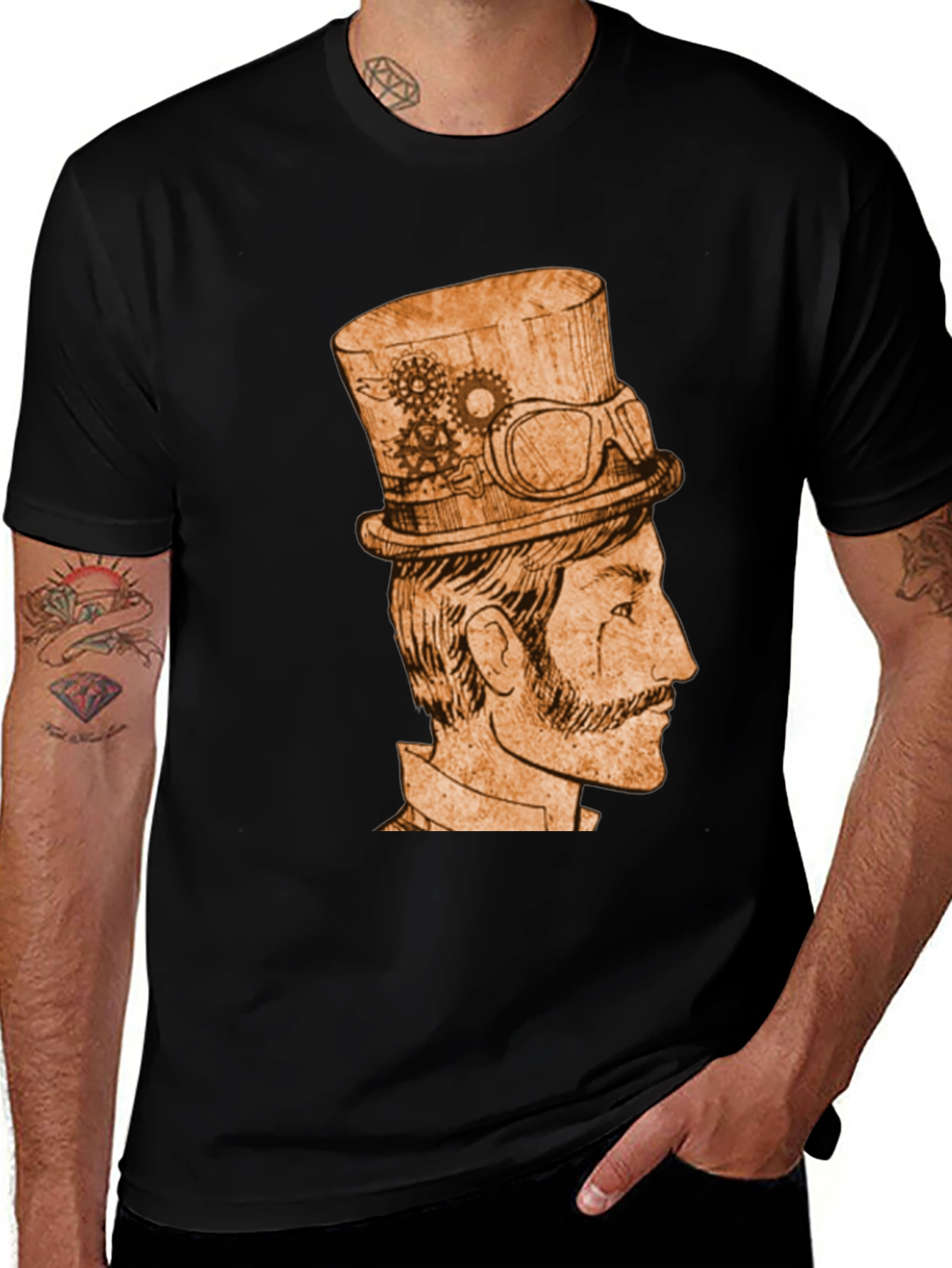 Steampunk Gentleman Graphic Tee - Black Cotton
