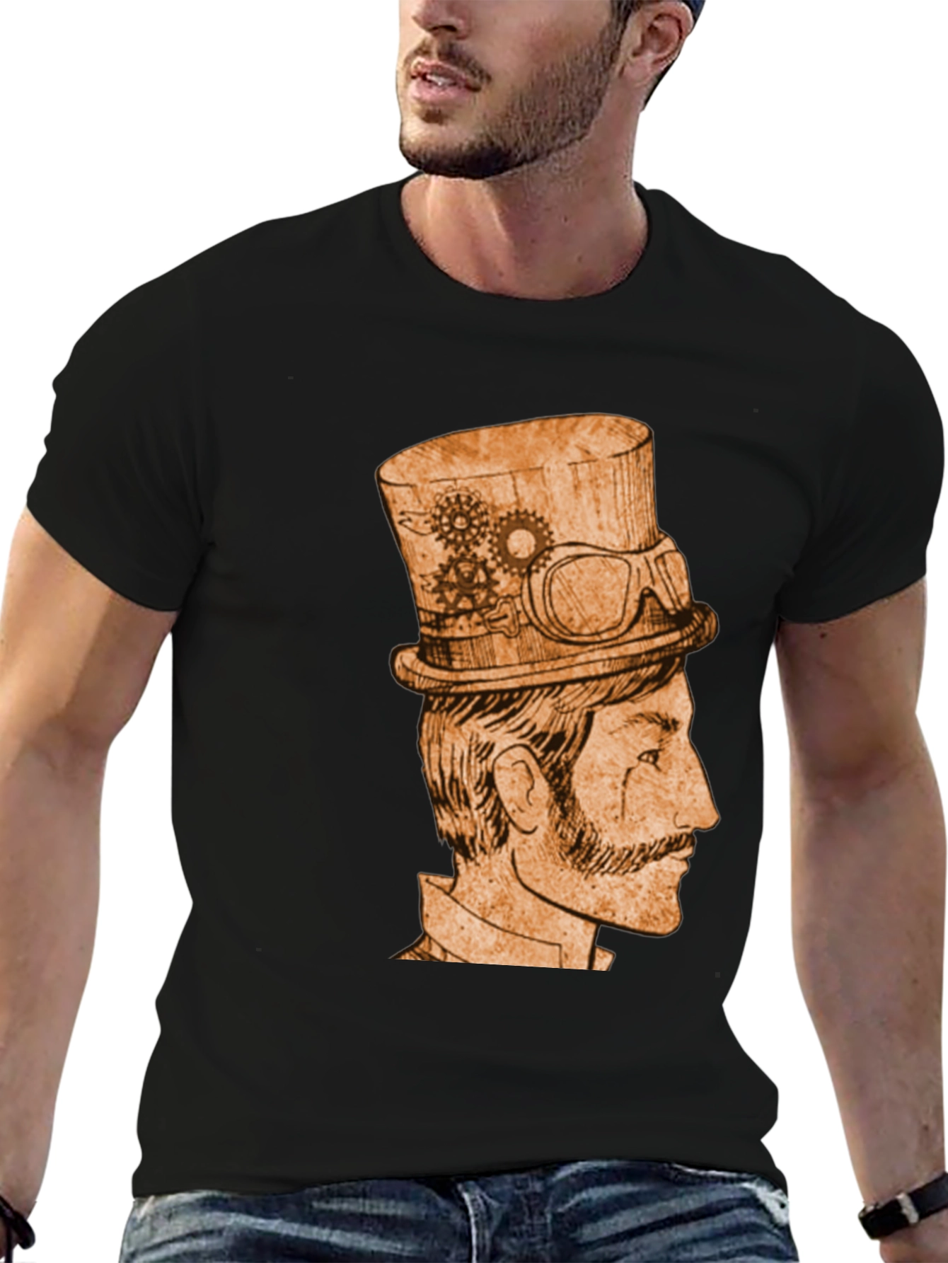 Steampunk Gentleman Graphic Tee - Black Cotton