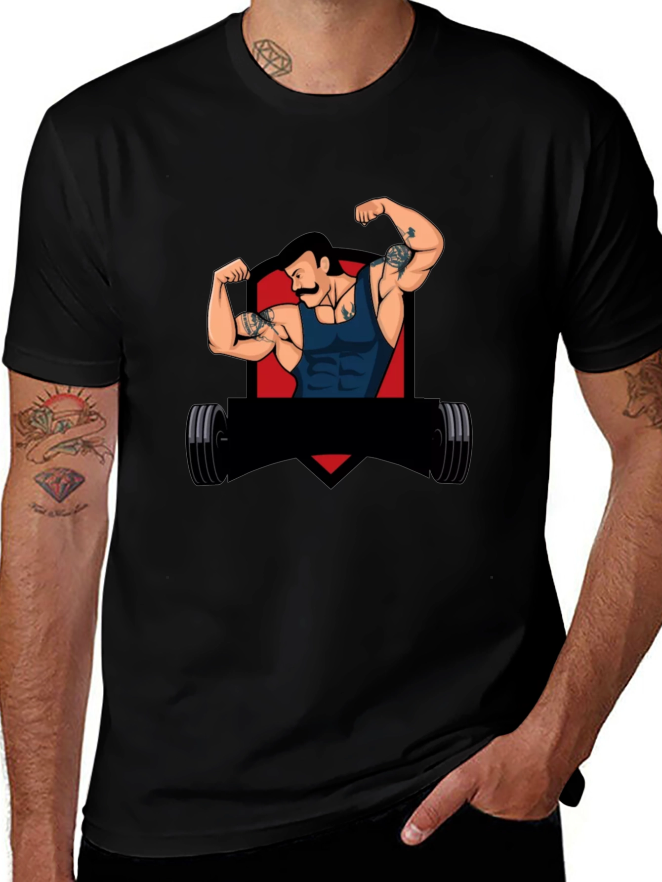 Black Graphic Tee - Retro Gym Guy Design