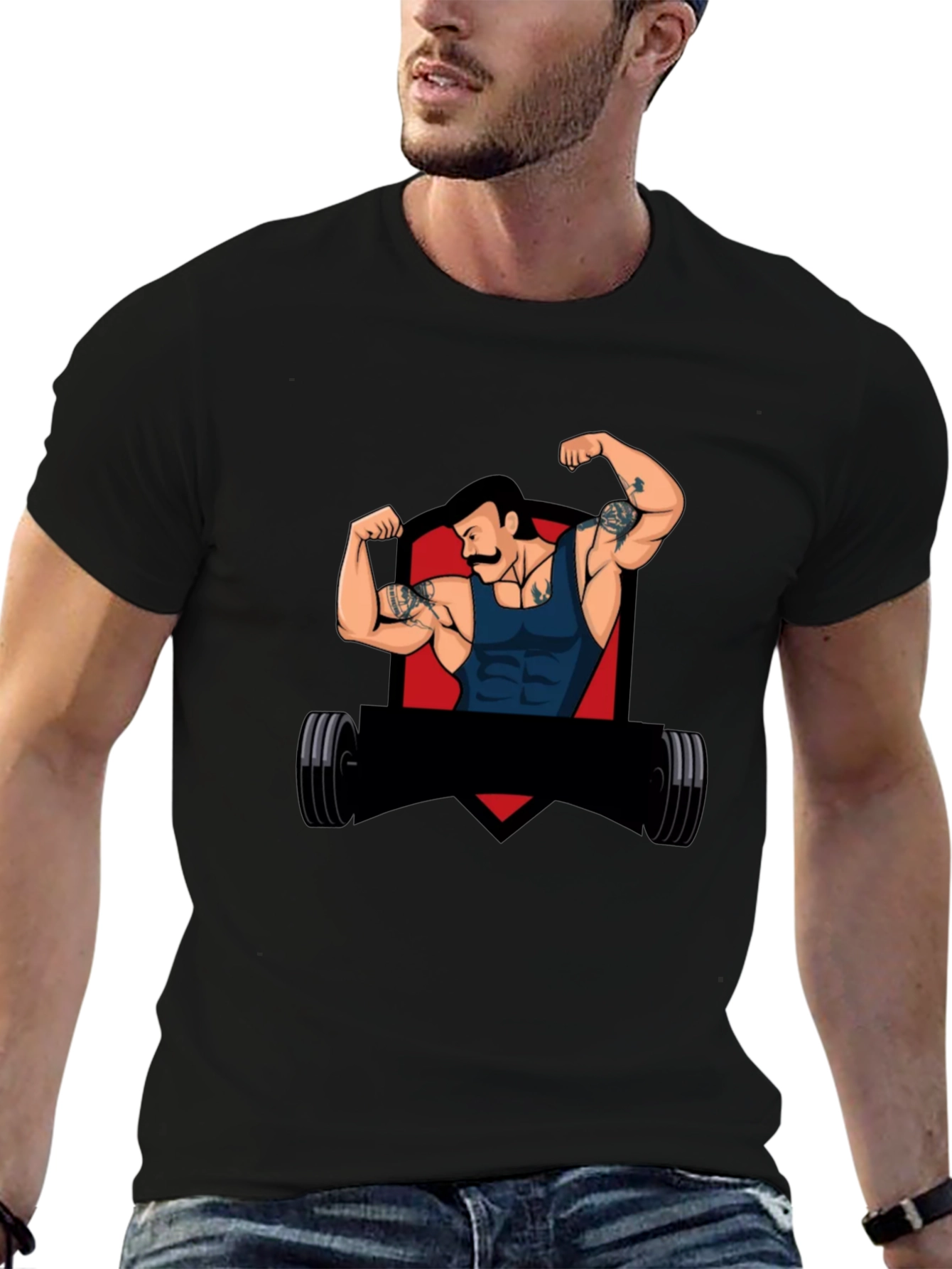 Black Graphic Tee - Retro Gym Guy Design