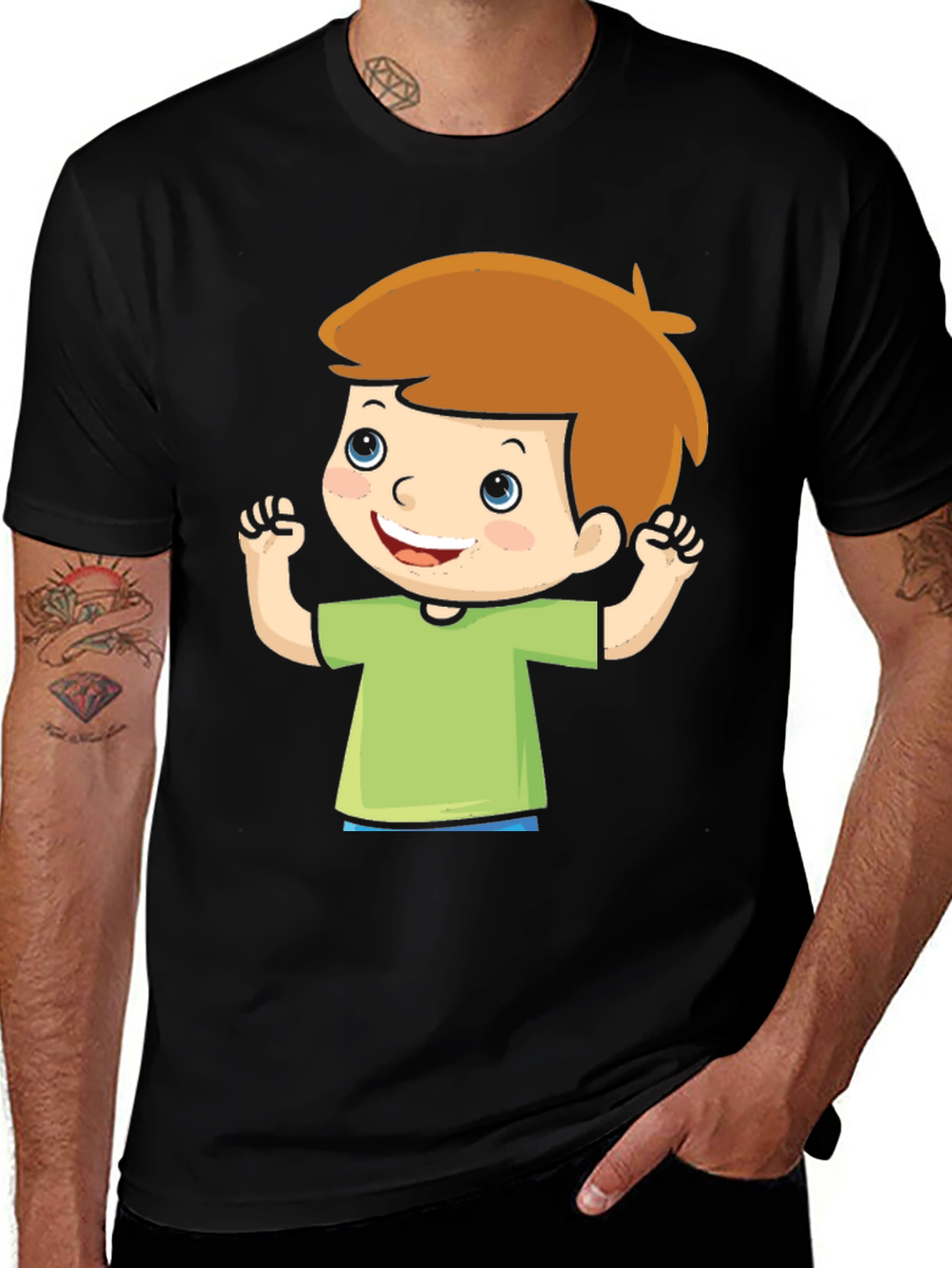 Cartoon Boy Graphic Tee - Black Cotton T-Shirt