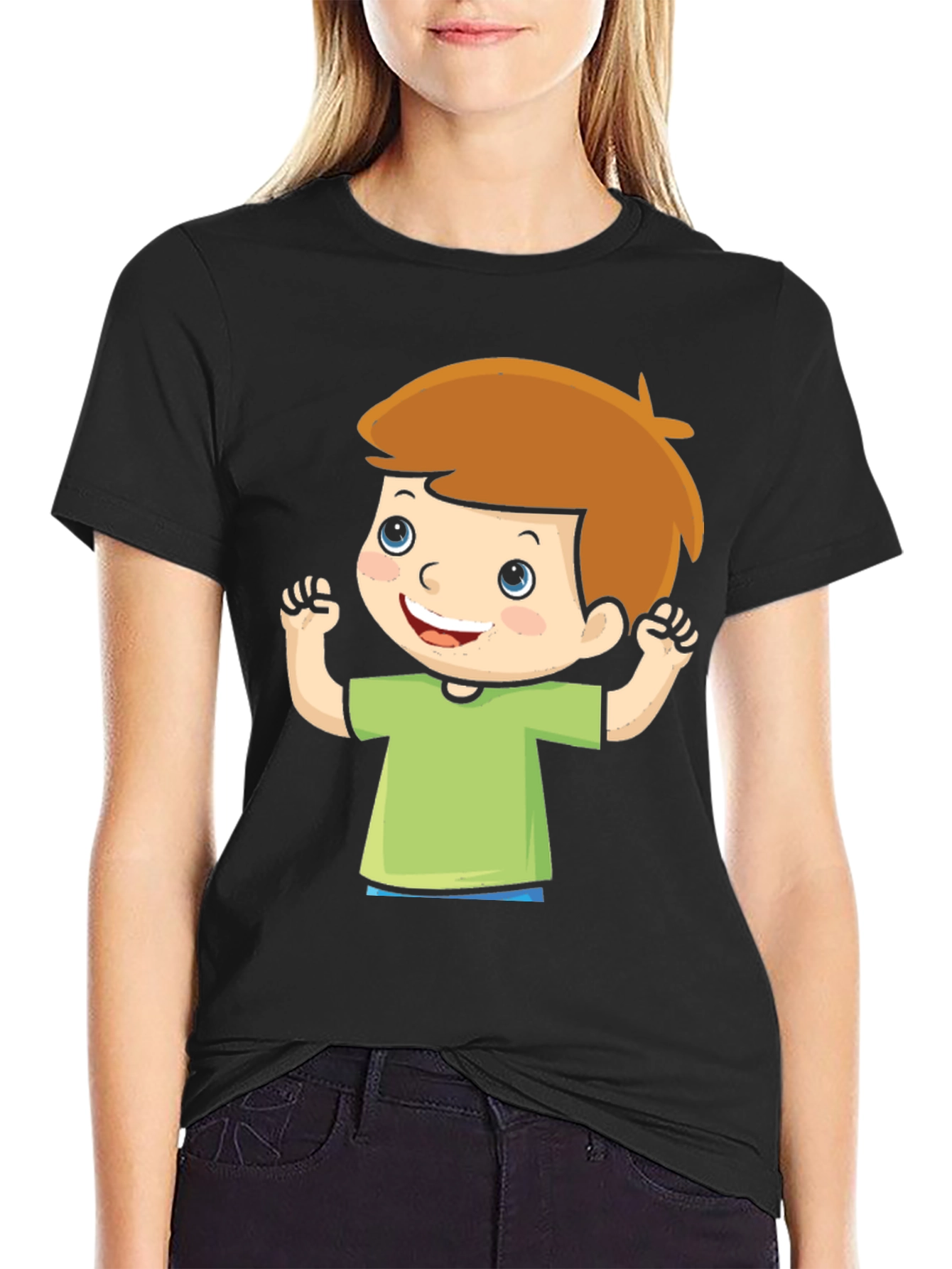Cartoon Boy Graphic Tee - Black Cotton T-Shirt