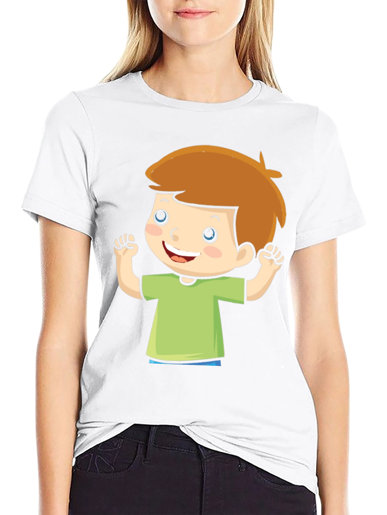 Cartoon Boy Graphic Tee - Black Cotton T-Shirt