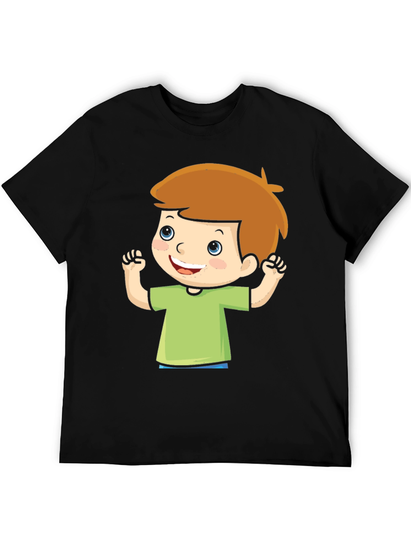 Cartoon Boy Graphic Tee - Black Cotton T-Shirt