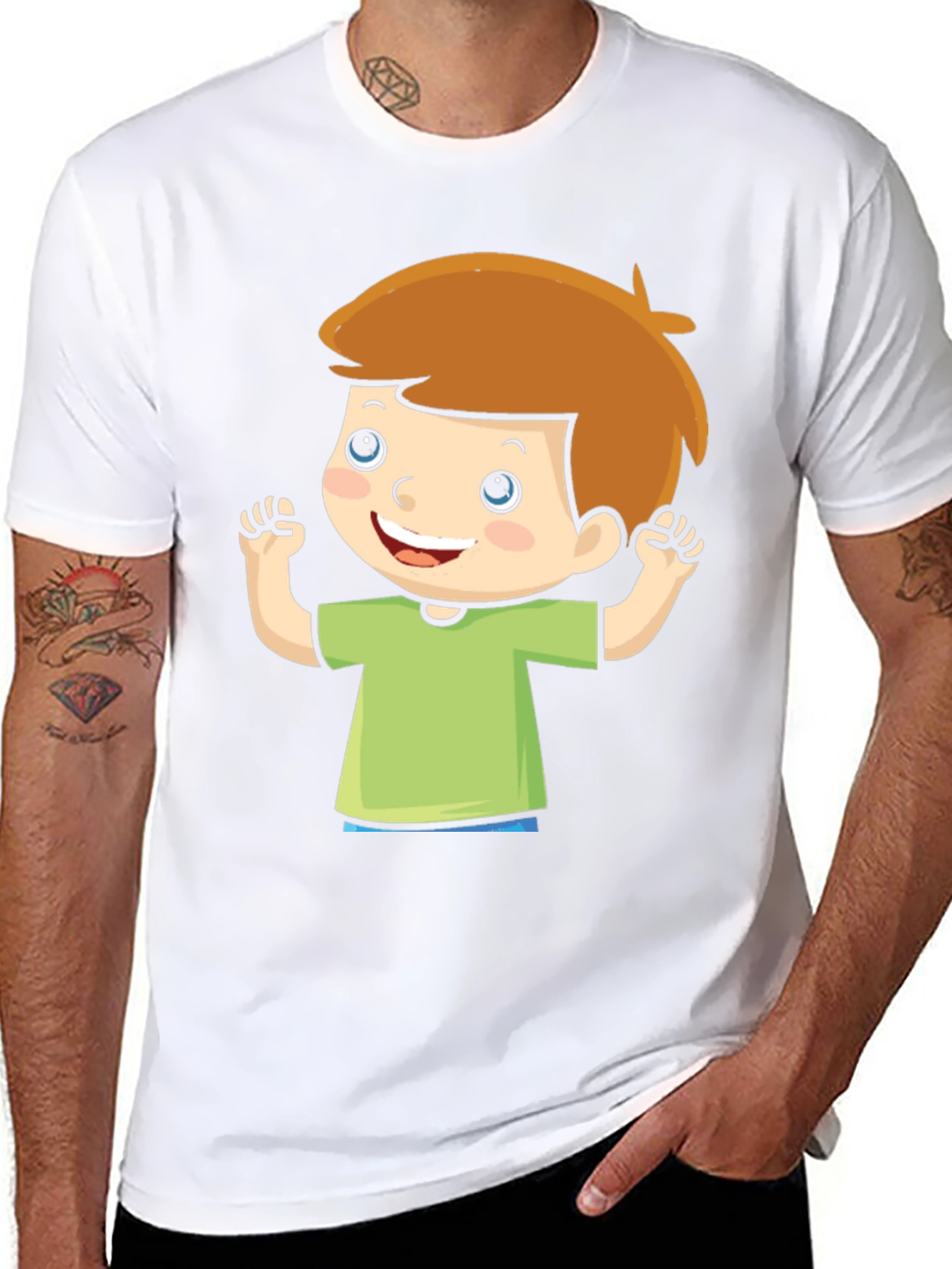 Cartoon Boy Graphic Tee - Black Cotton T-Shirt