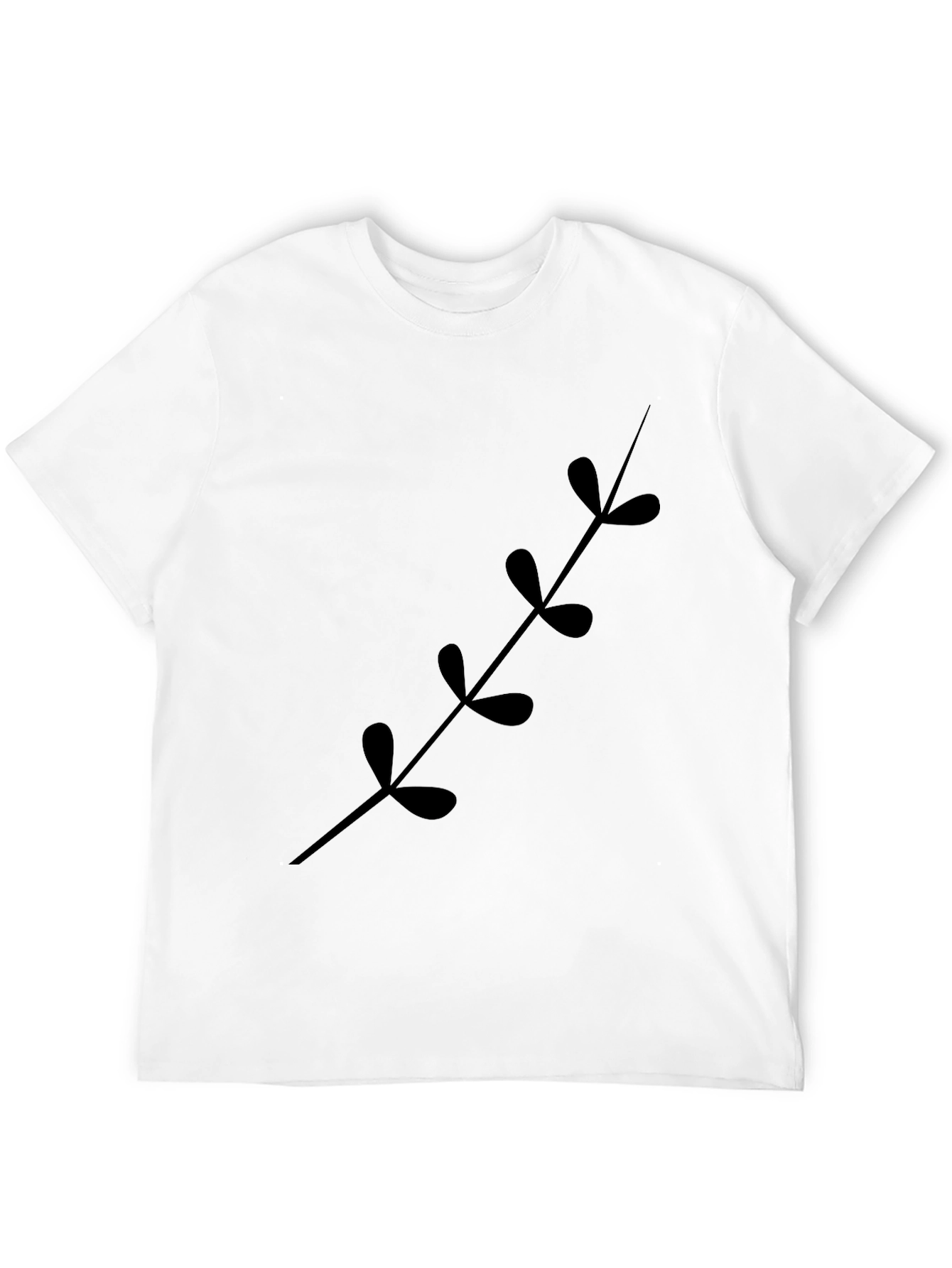 Black T-Shirt with Botanical Leaf Stem Print