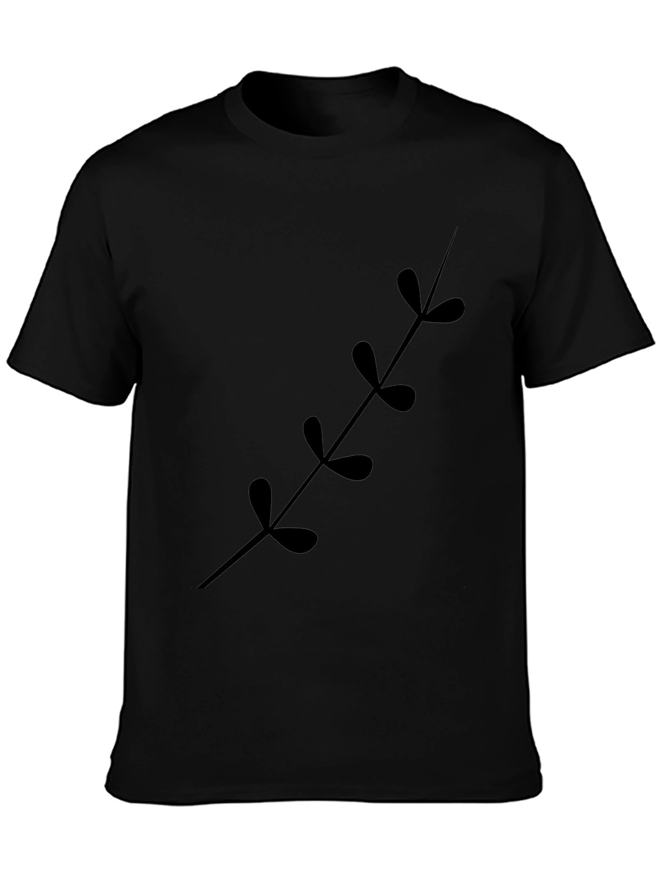 Black T-Shirt with Botanical Leaf Stem Print
