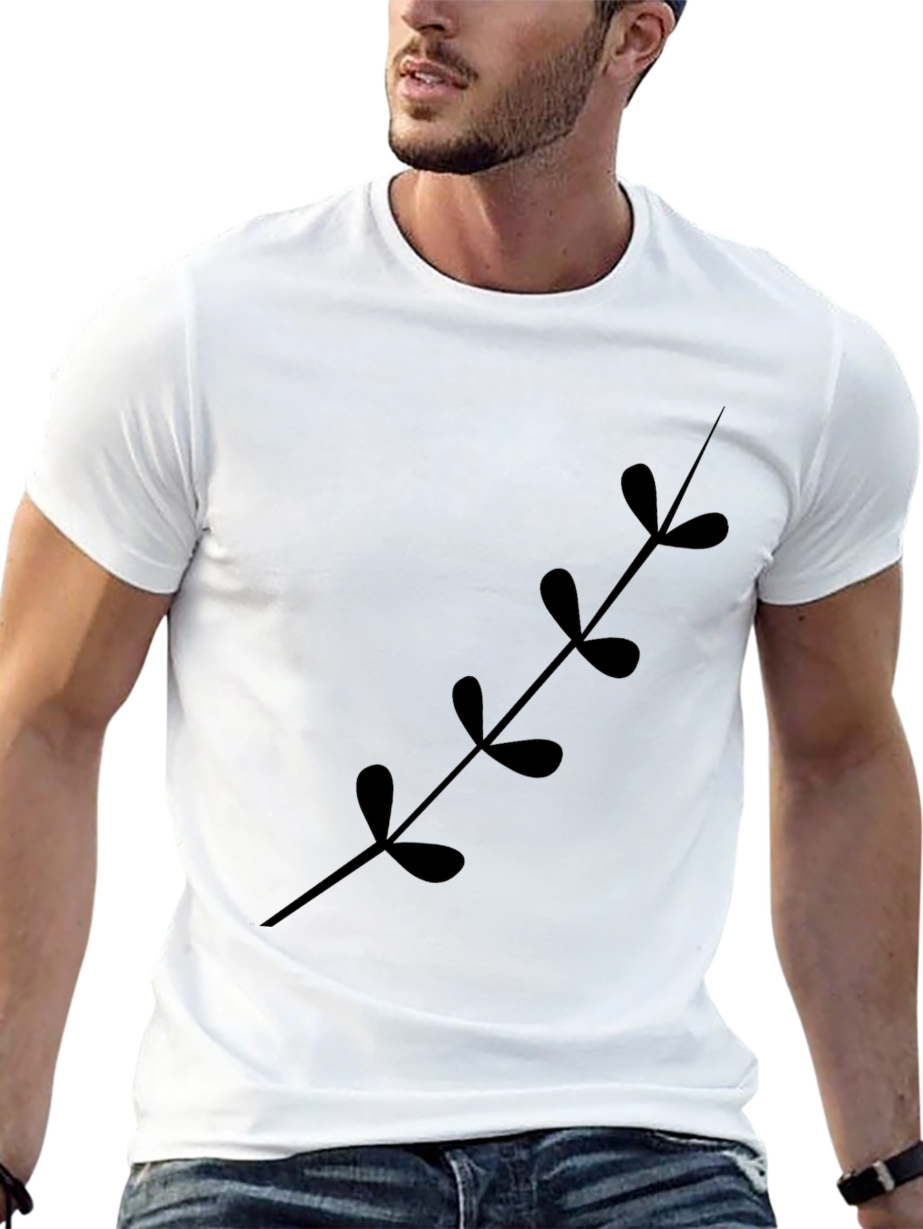 Black T-Shirt with Botanical Leaf Stem Print