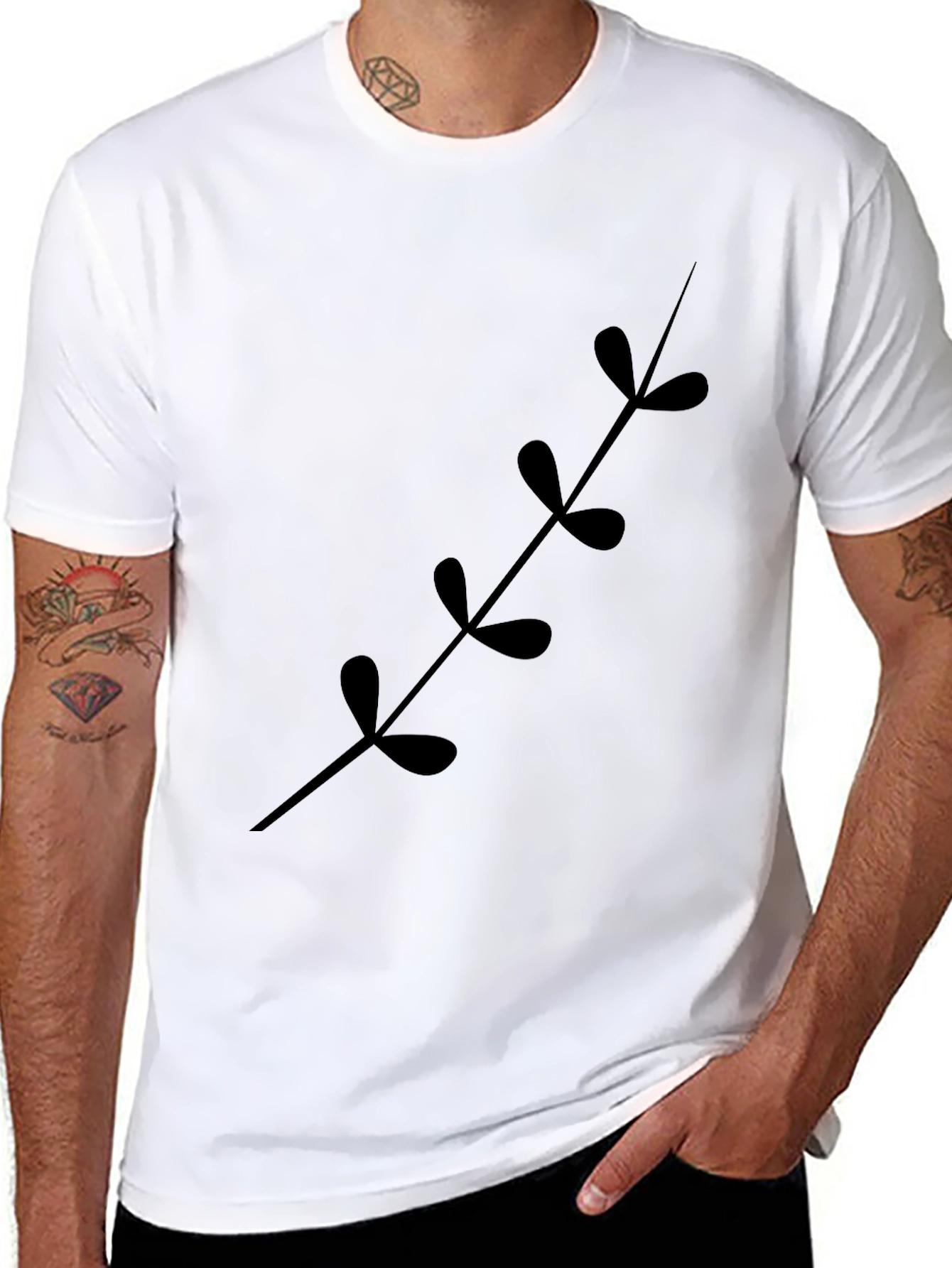 Black T-Shirt with Botanical Leaf Stem Print