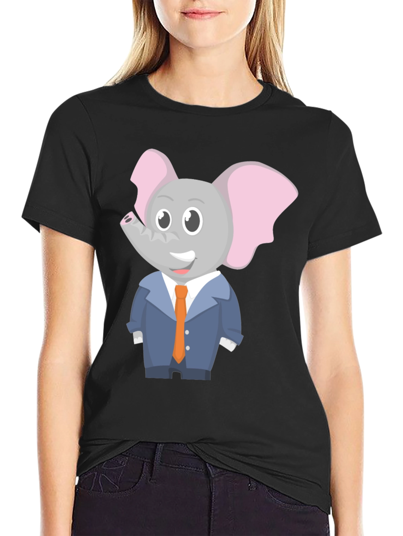 Elephant Cartoon Character Black T-Shirt