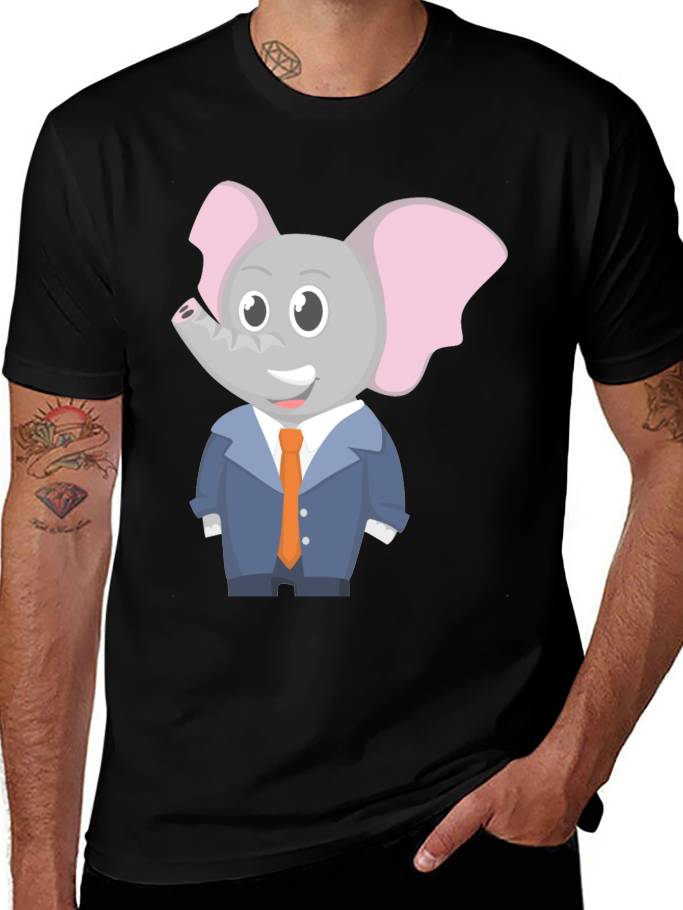 Elephant Cartoon Character Black T-Shirt