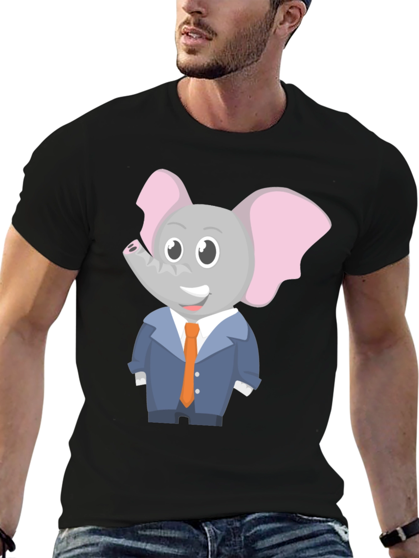 Elephant Cartoon Character Black T-Shirt