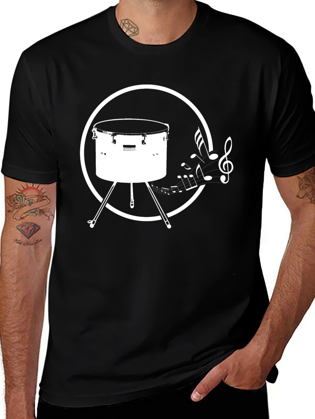 Drum & Music Notes Graphic T-Shirt - Black