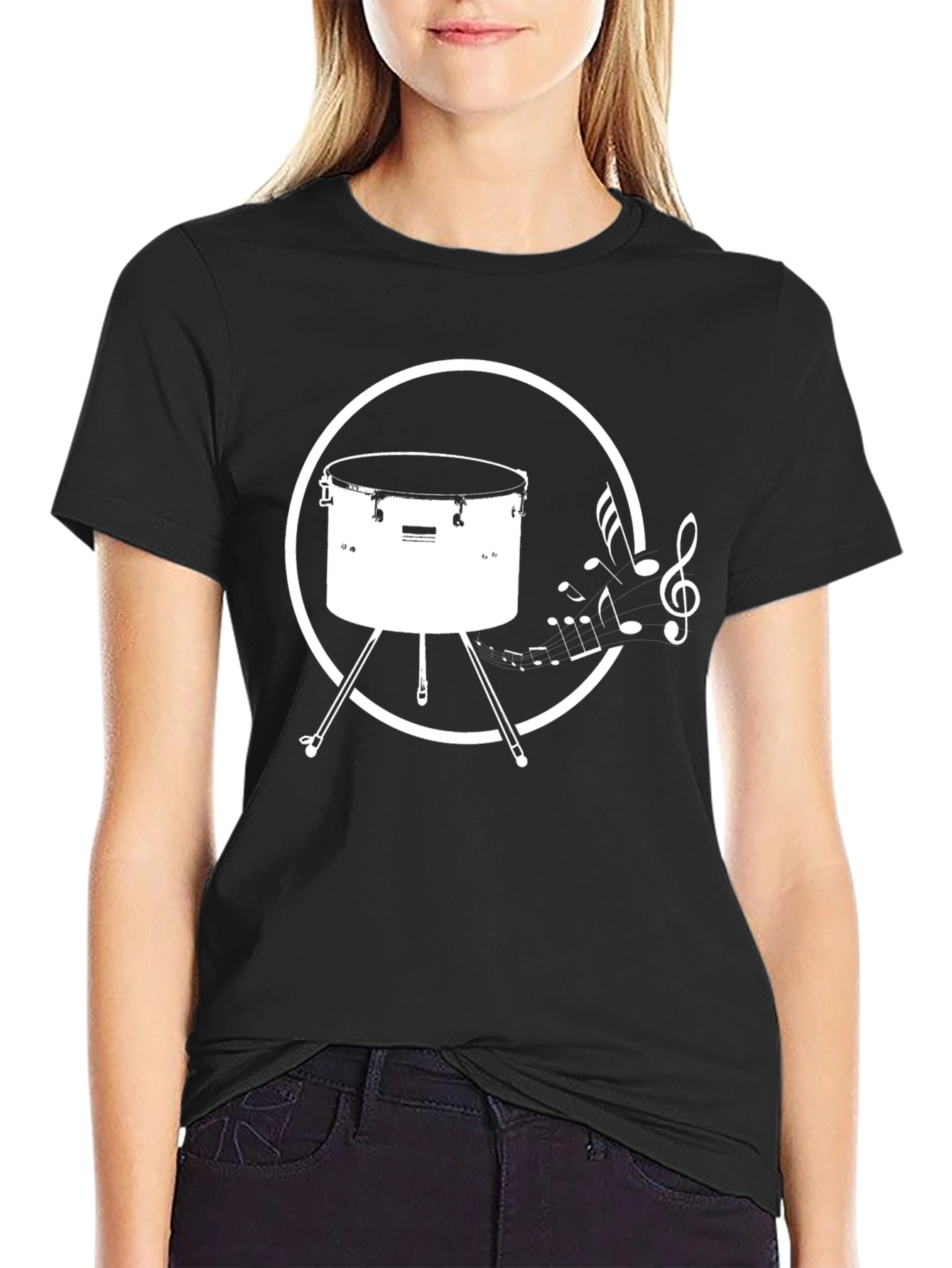 Drum & Music Notes Graphic T-Shirt - Black