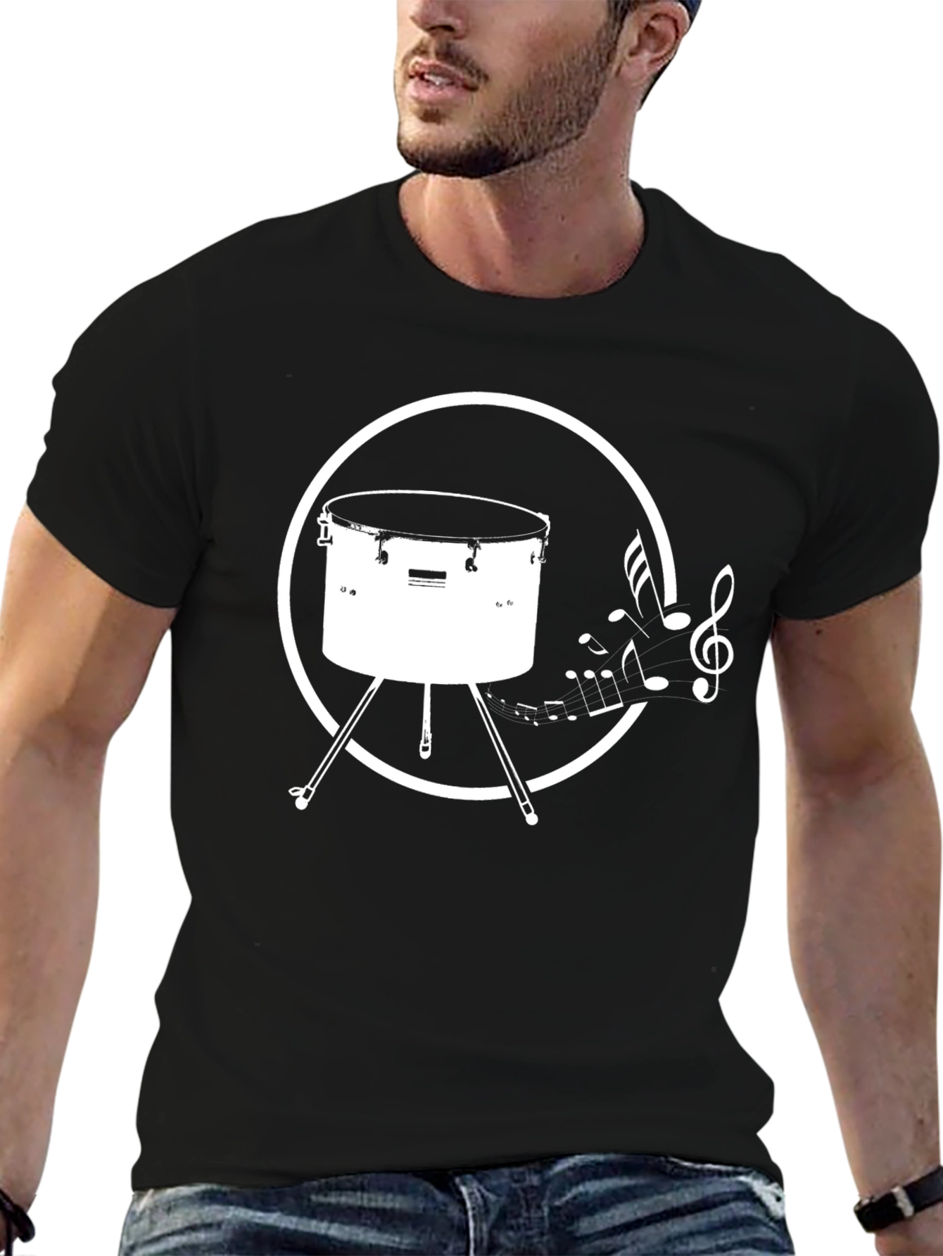 Drum & Music Notes Graphic T-Shirt - Black