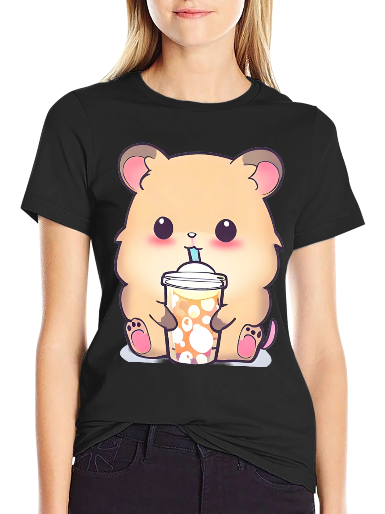 Cute Hamster Boba Tea Graphic T-Shirt