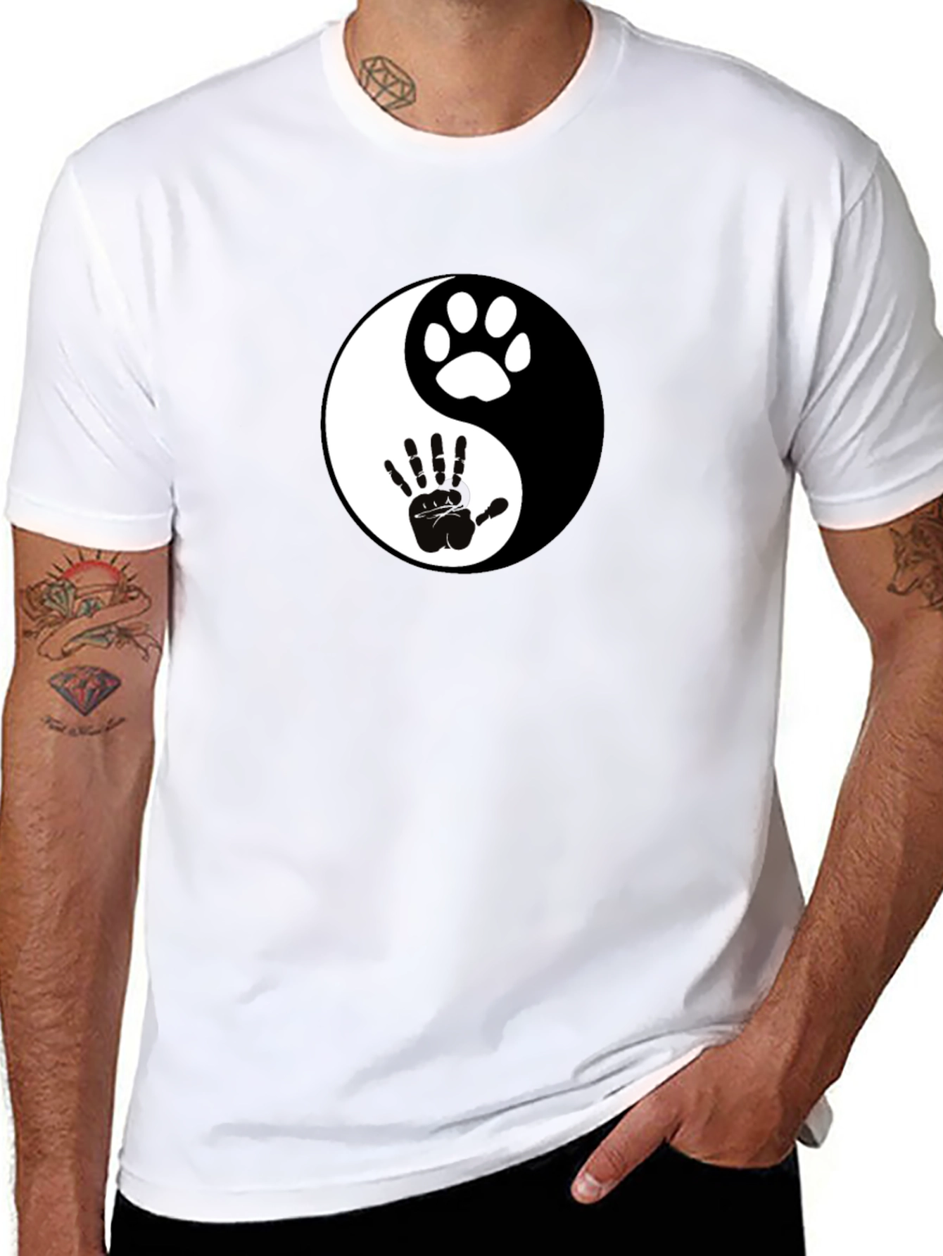 Yin Yang Paw and Hand Print Black T-Shirt