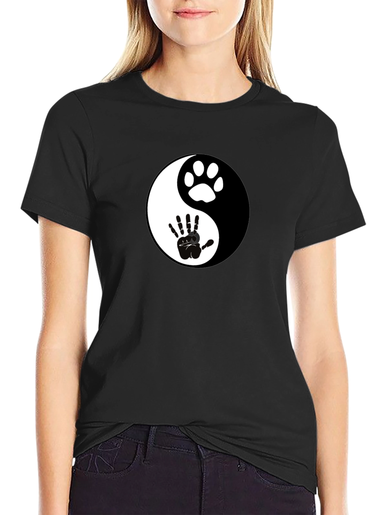 Yin Yang Paw and Hand Print Black T-Shirt