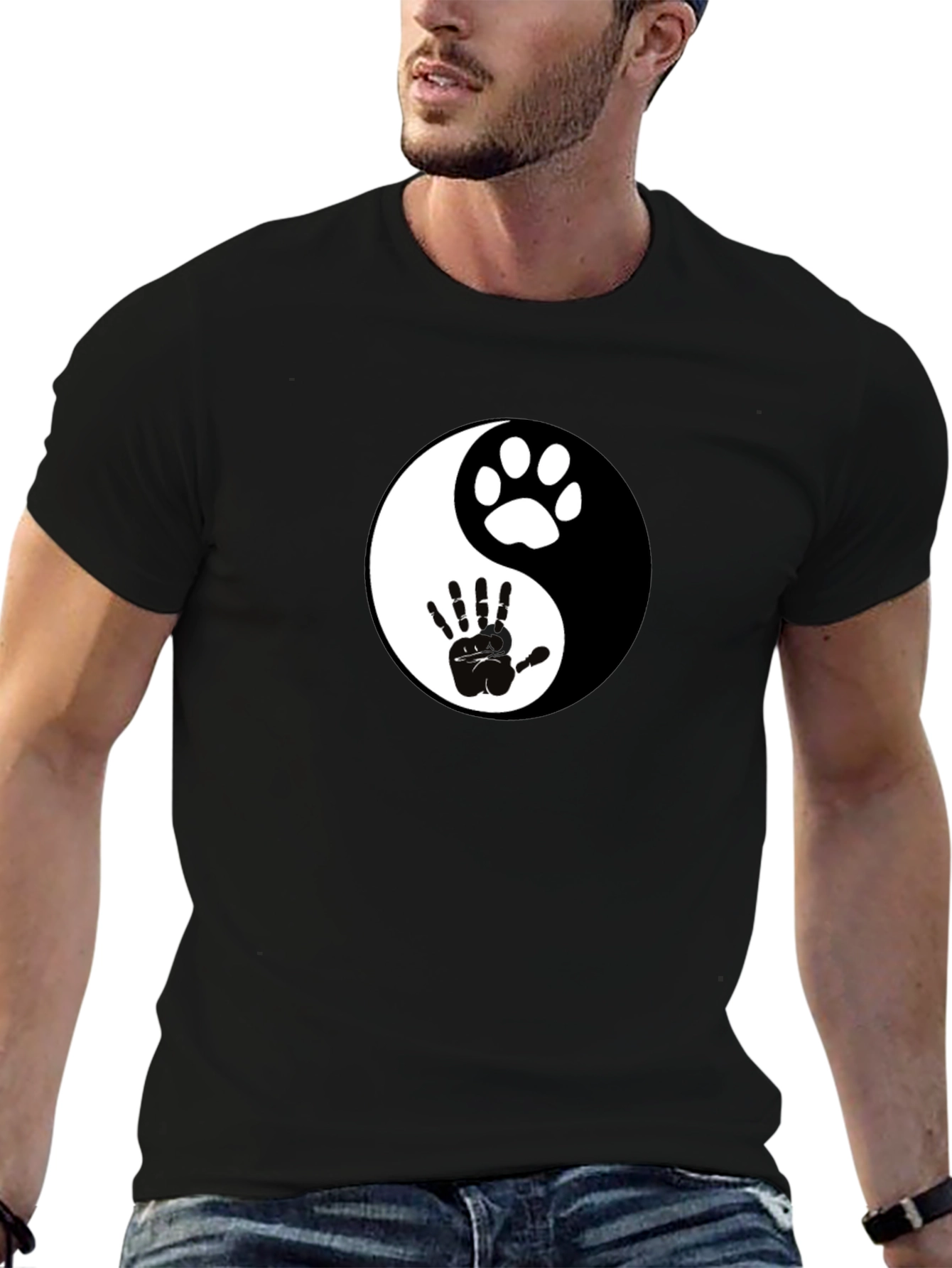 Yin Yang Paw and Hand Print Black T-Shirt