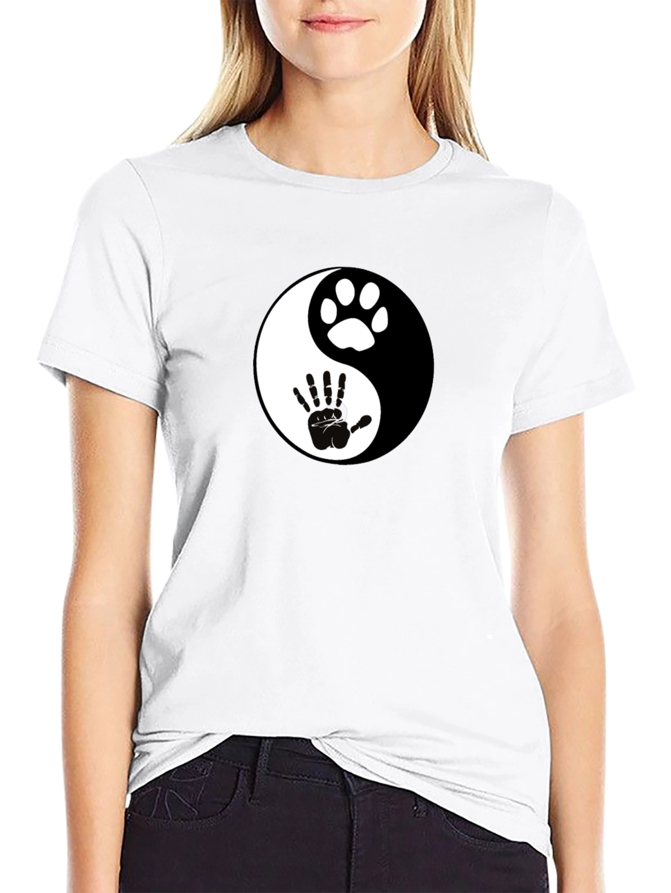 Yin Yang Paw and Hand Print Black T-Shirt