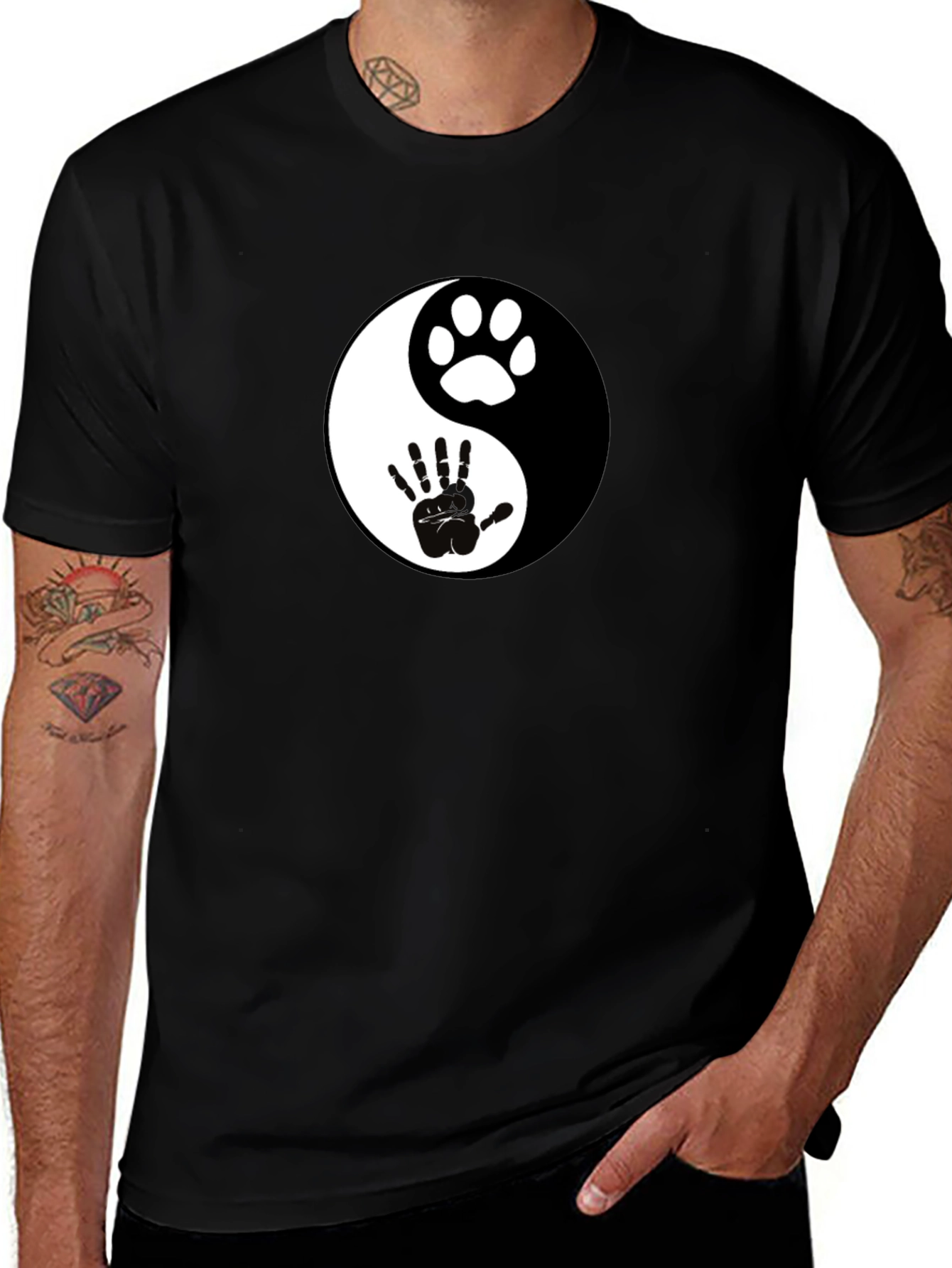 Yin Yang Paw and Hand Print Black T-Shirt