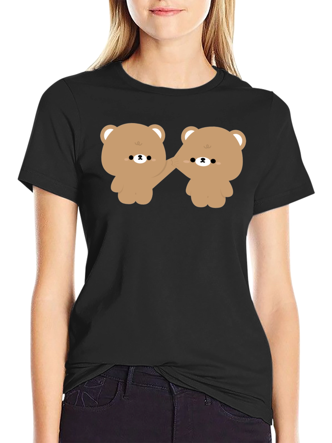 Cute Bears Holding Hands Black T-Shirt