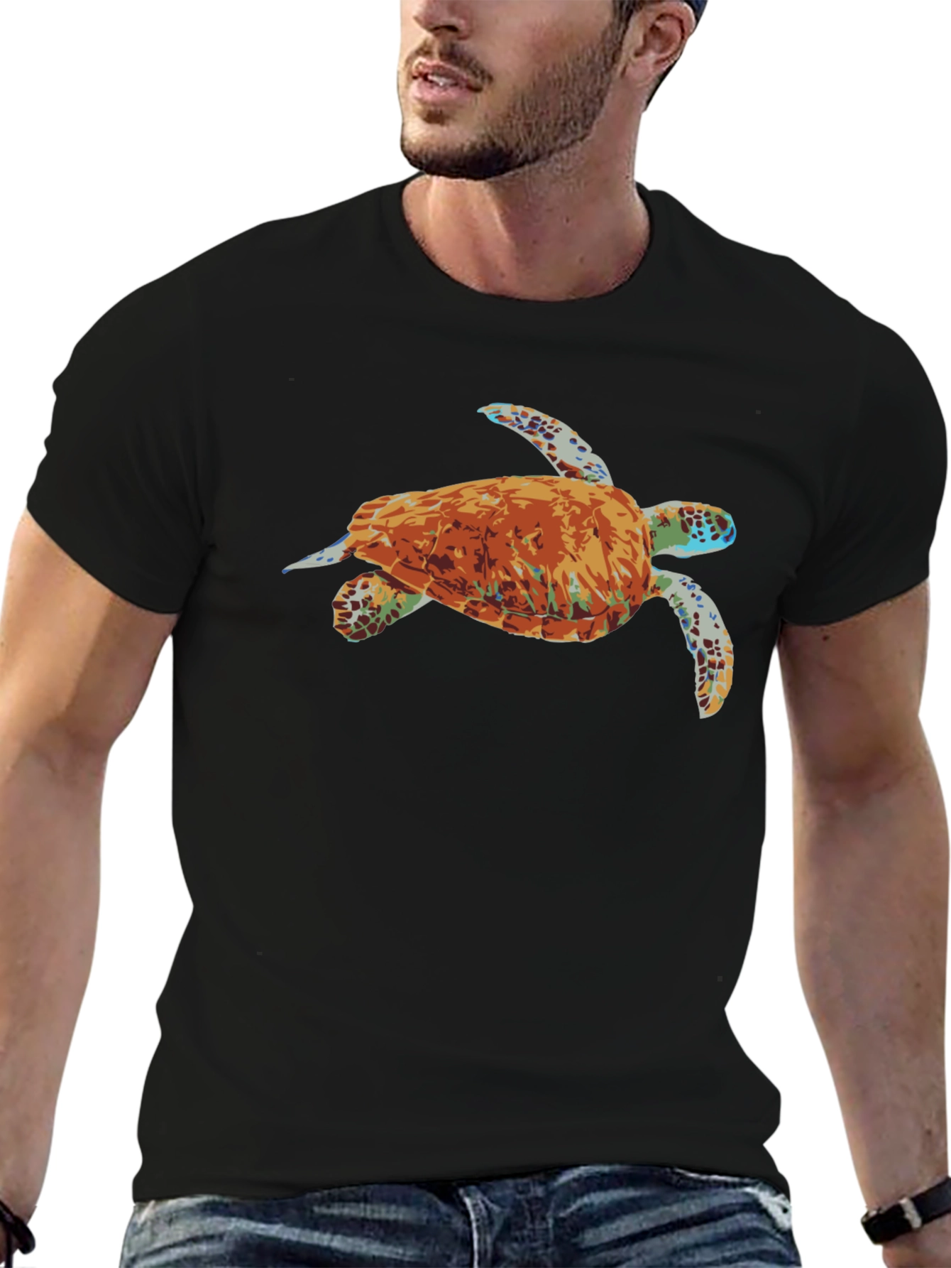 Mens Black T-Shirt with Turtle Graphic