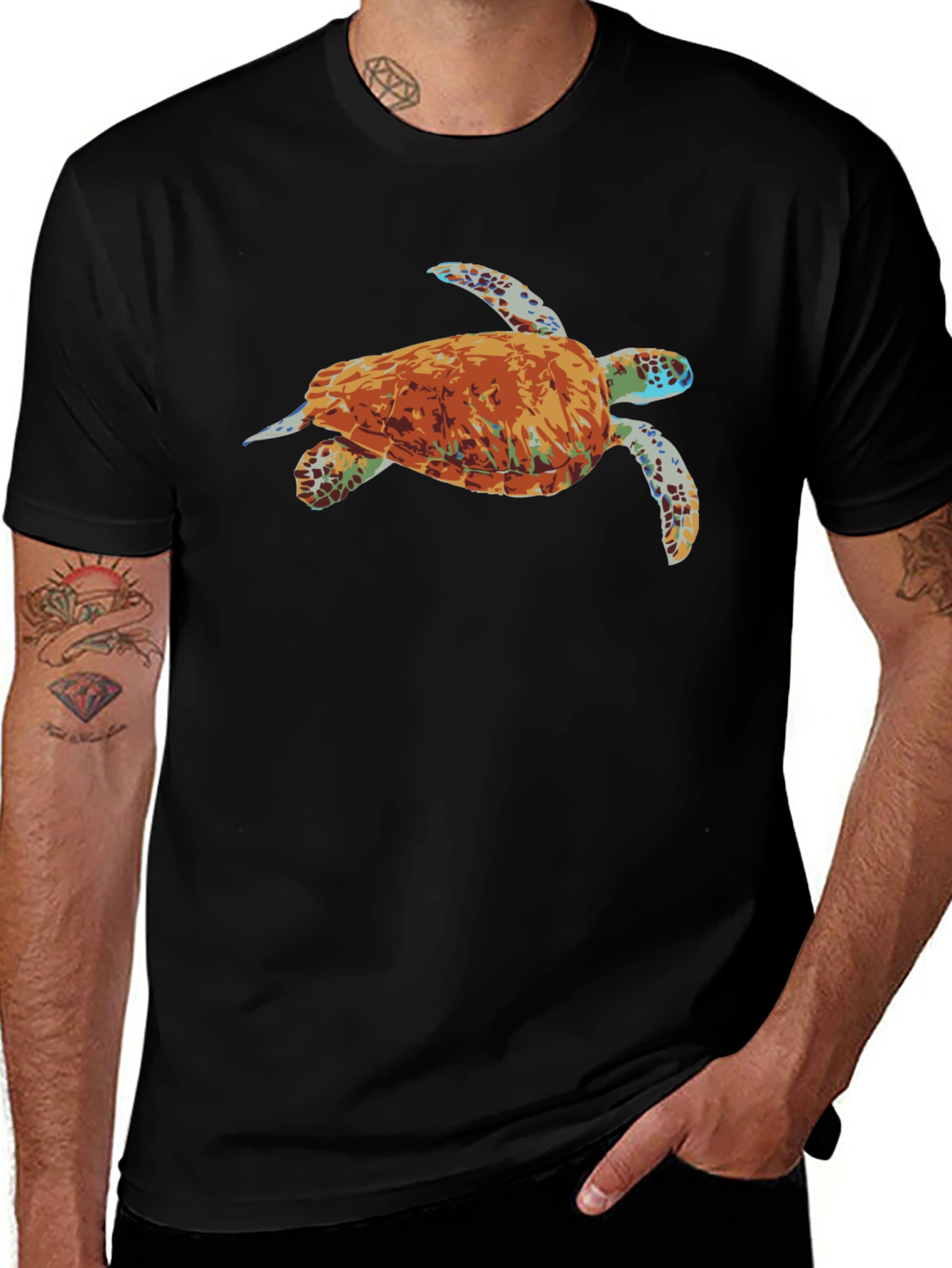 Mens Black T-Shirt with Turtle Graphic