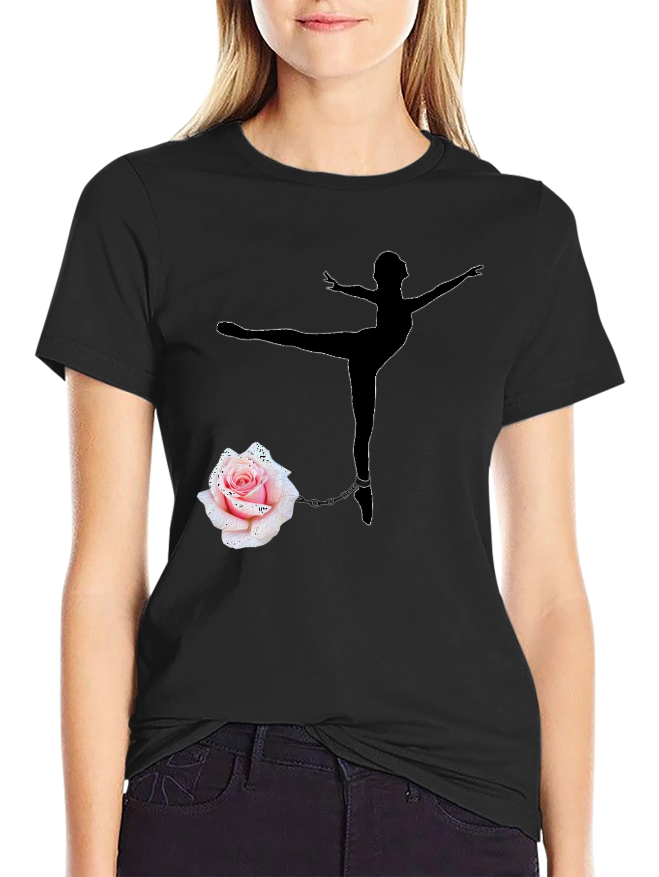 Ballerina and Rose Graphic Tee - Black
