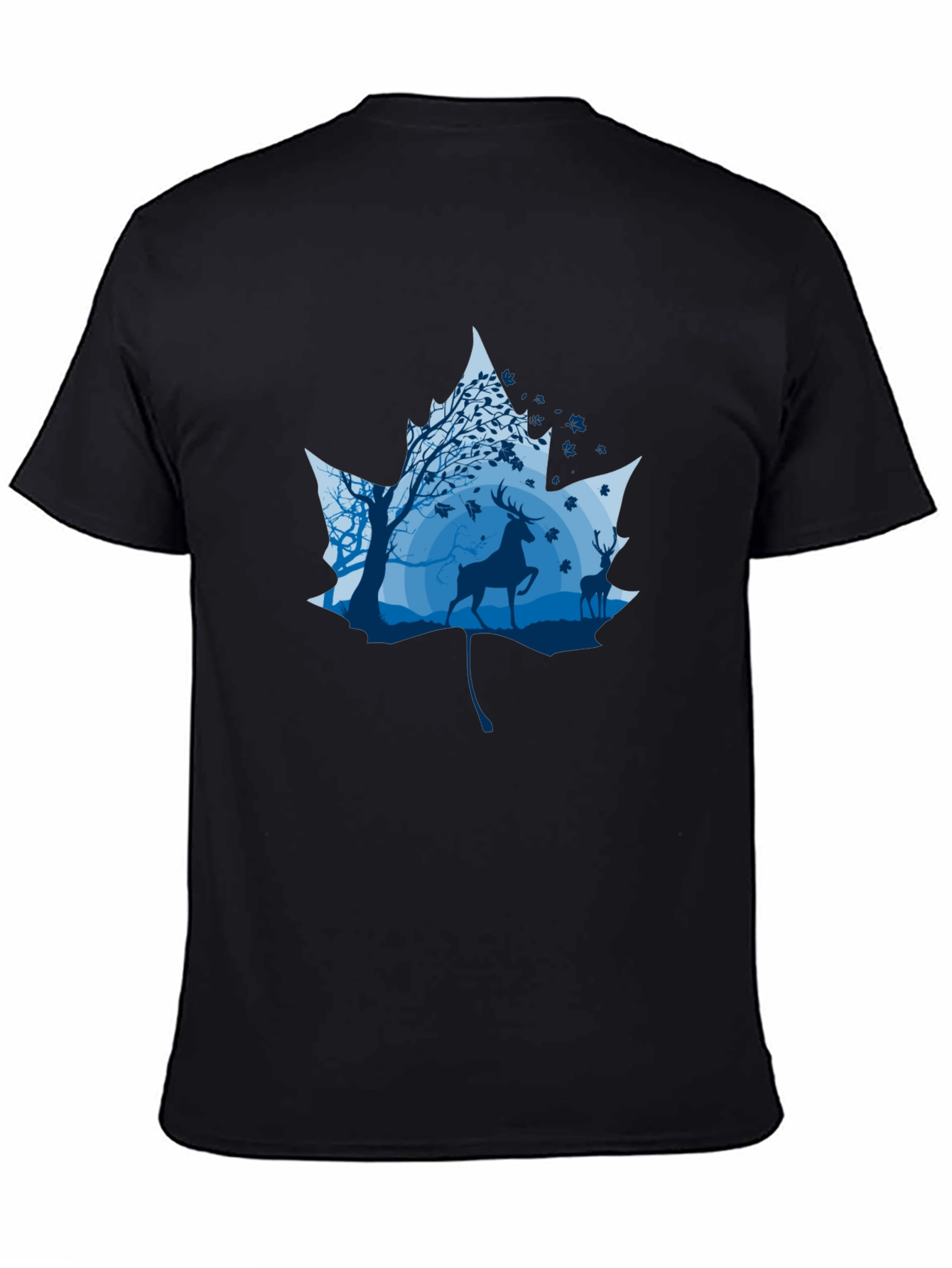 Nature Deer Maple Leaf Graphic Black T-Shirt