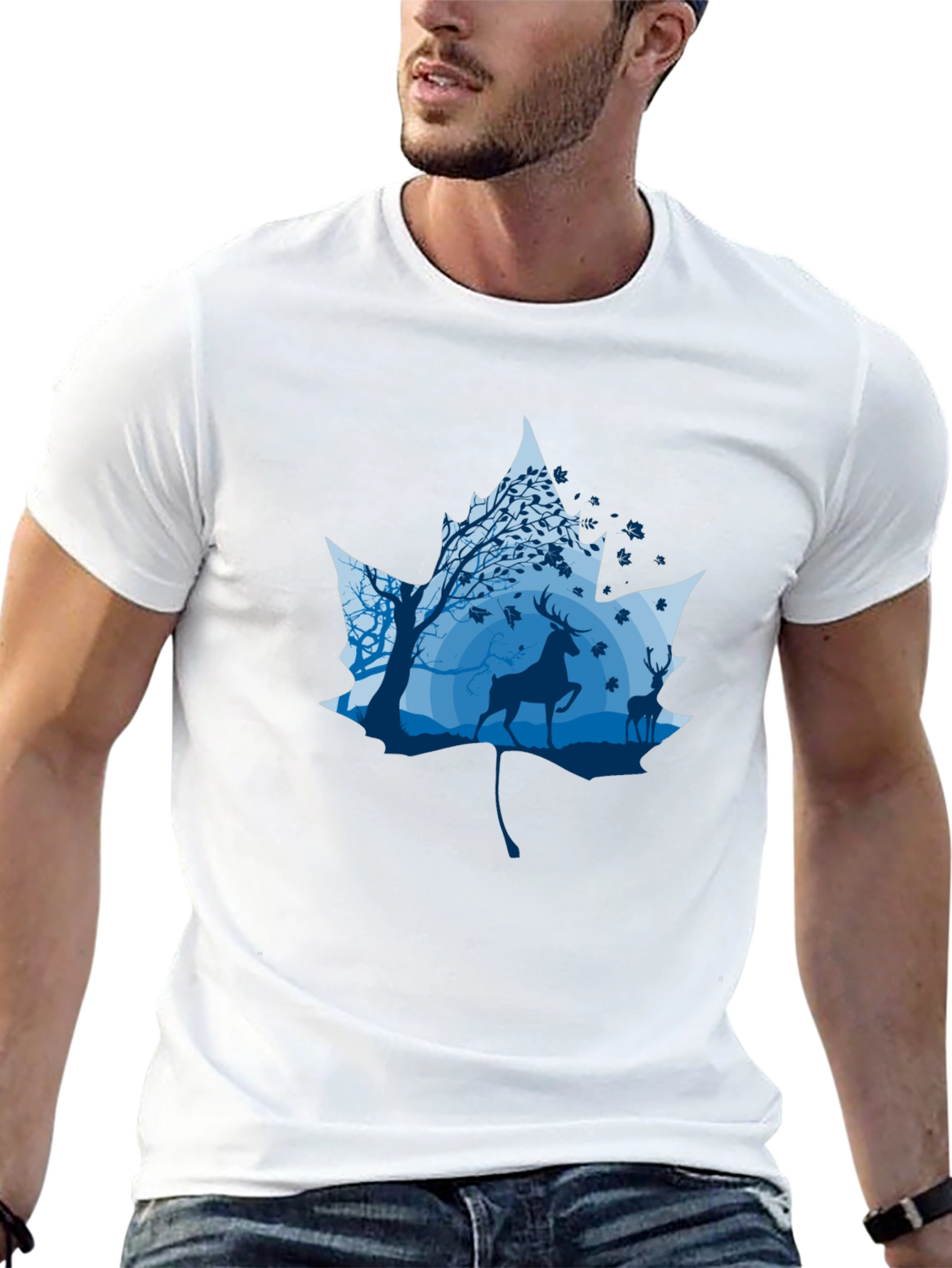 Nature Deer Maple Leaf Graphic Black T-Shirt