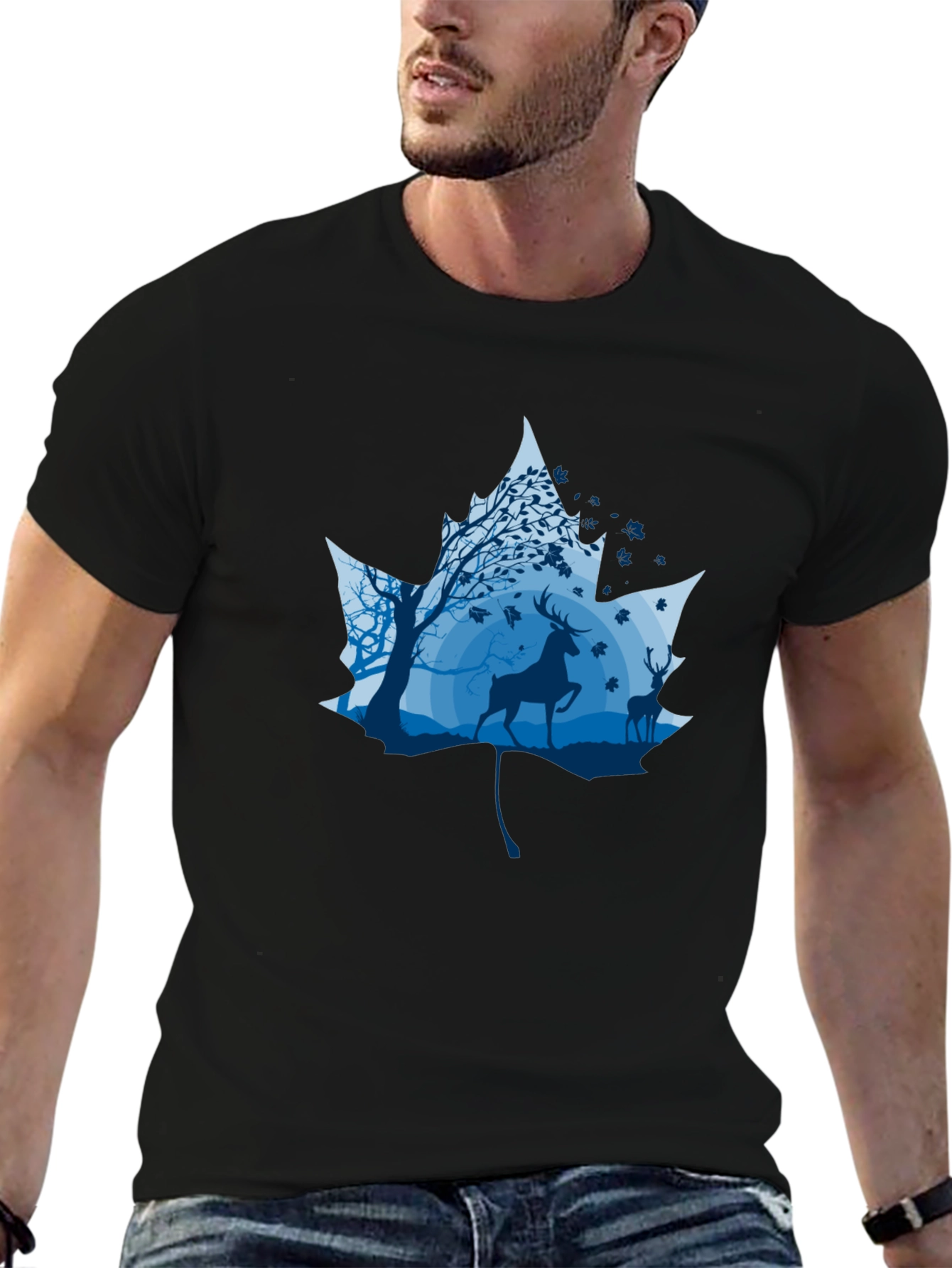 Nature Deer Maple Leaf Graphic Black T-Shirt
