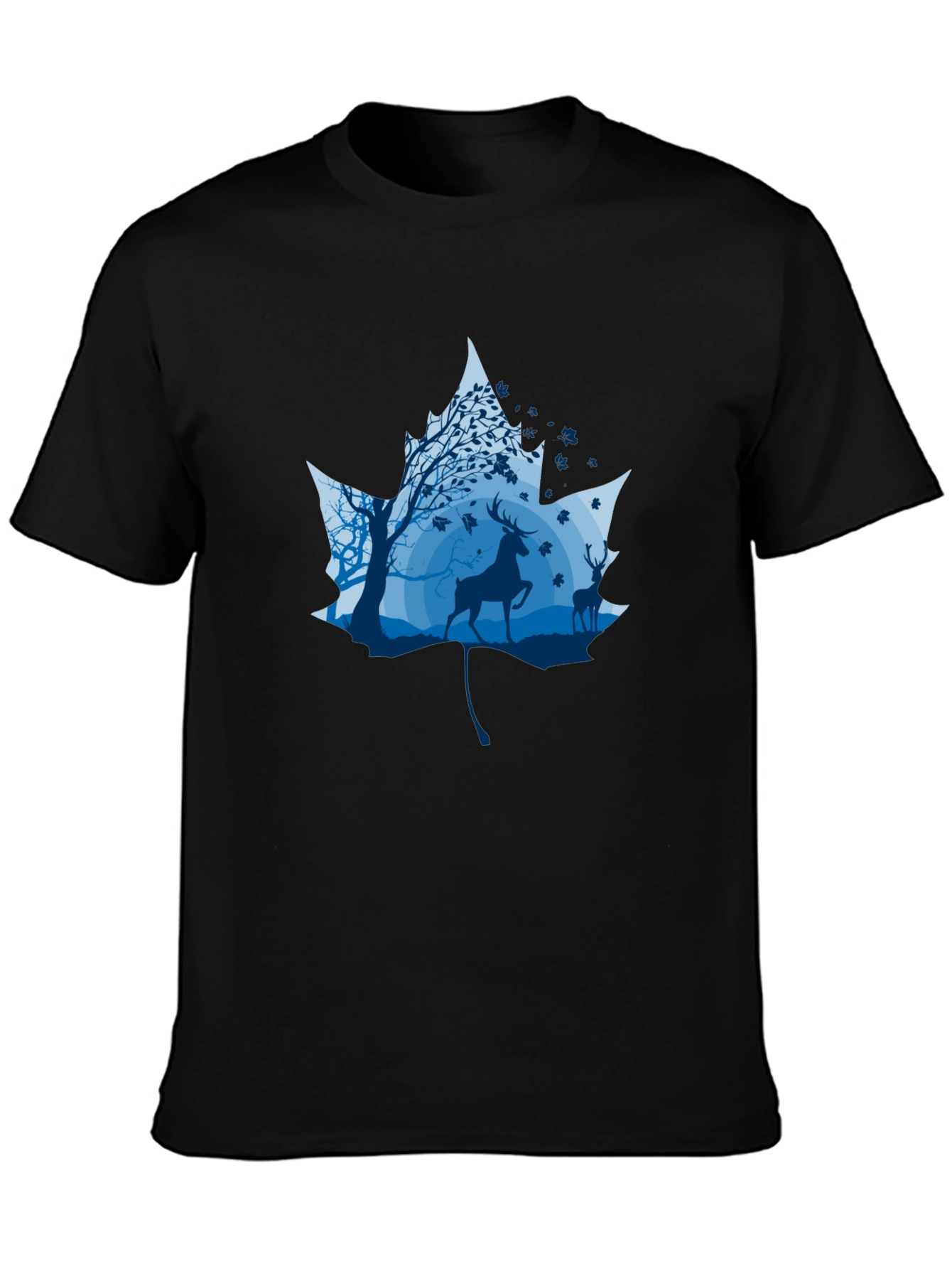 Nature Deer Maple Leaf Graphic Black T-Shirt