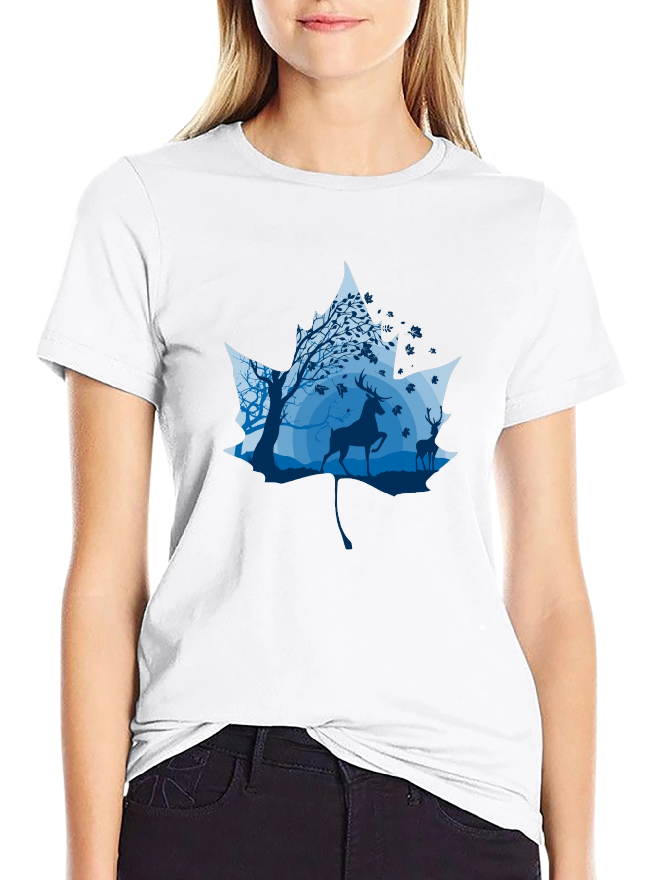 Nature Deer Maple Leaf Graphic Black T-Shirt