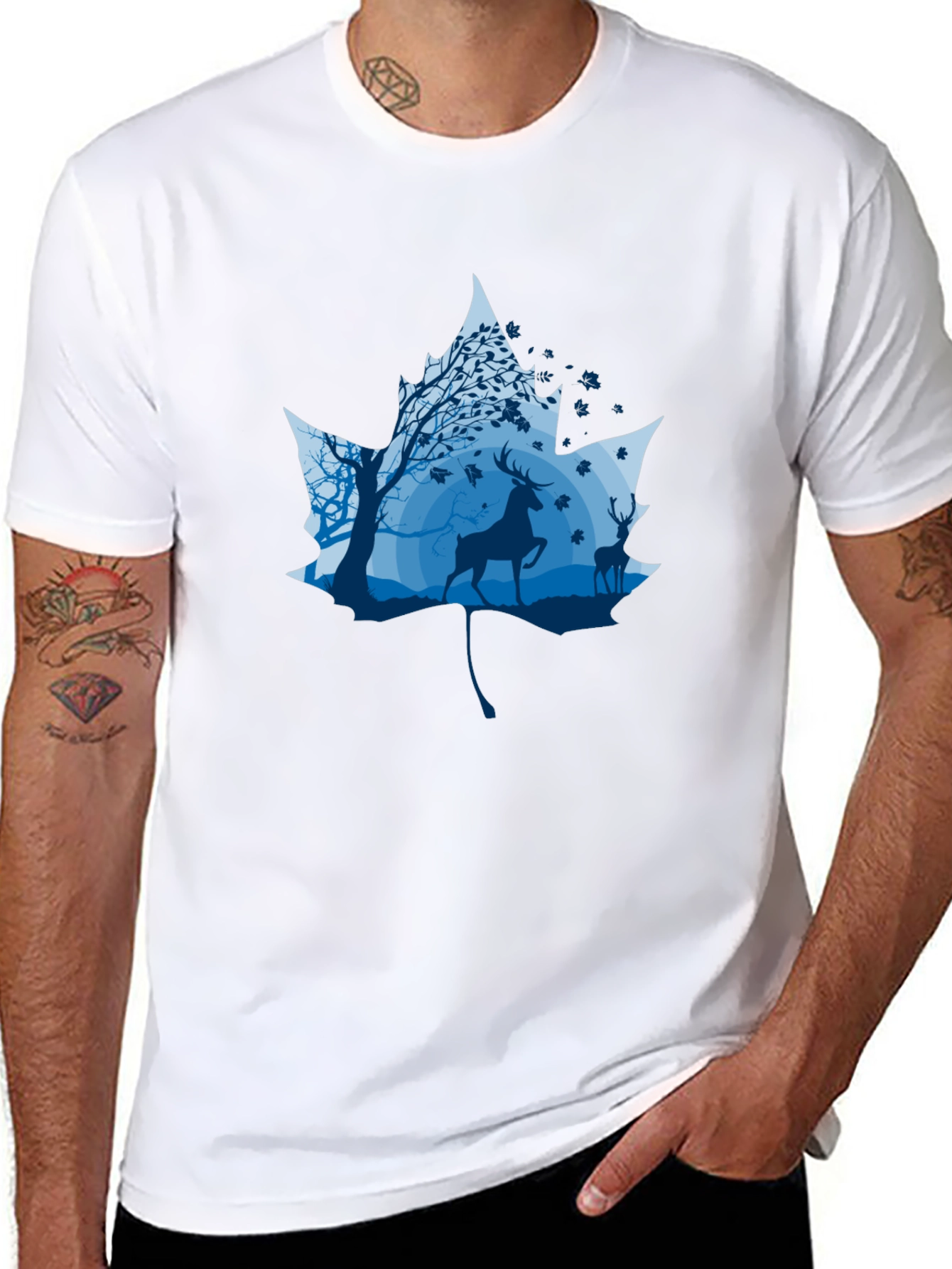Nature Deer Maple Leaf Graphic Black T-Shirt
