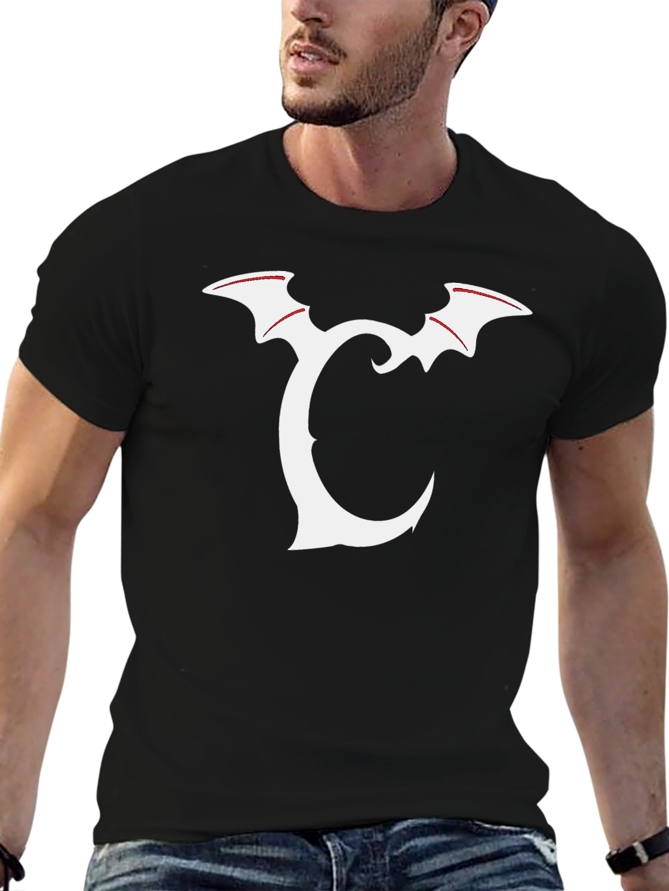 Bat Wing Initial Tee - Black Graphic T-Shirt