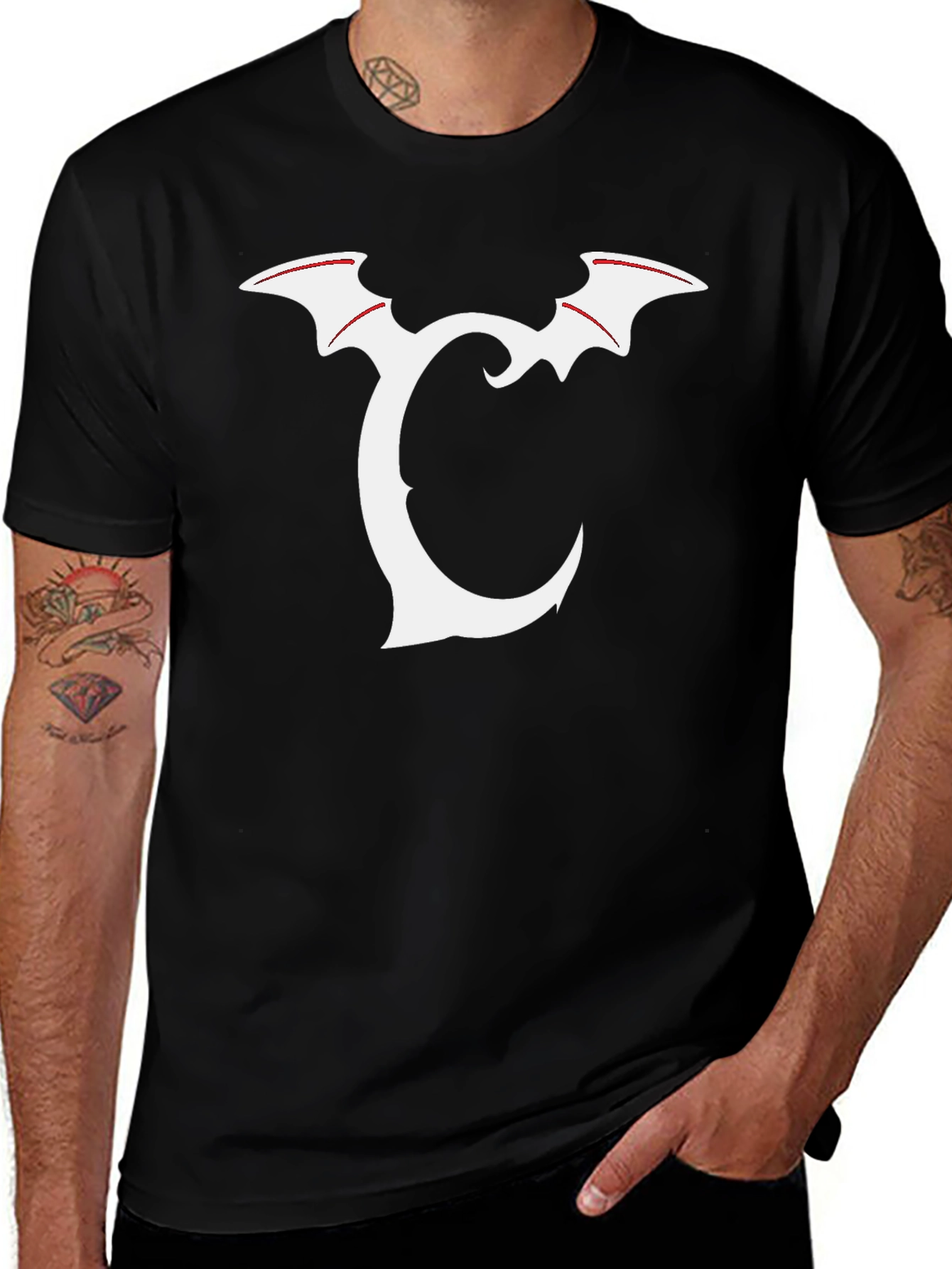 Bat Wing Initial Tee - Black Graphic T-Shirt