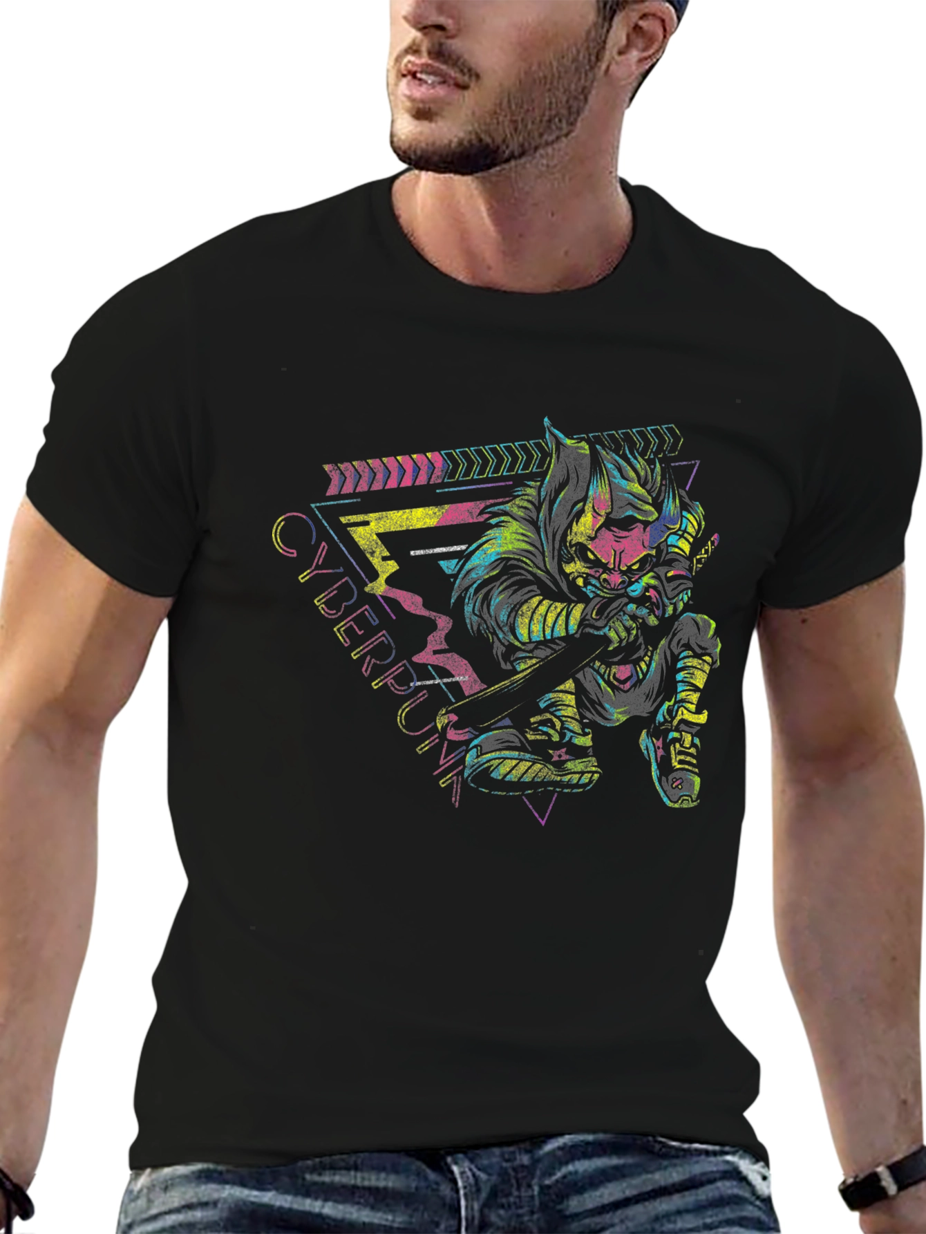 Cyberpunk Ninja Graphic Tee - Black Cotton T-Shirt